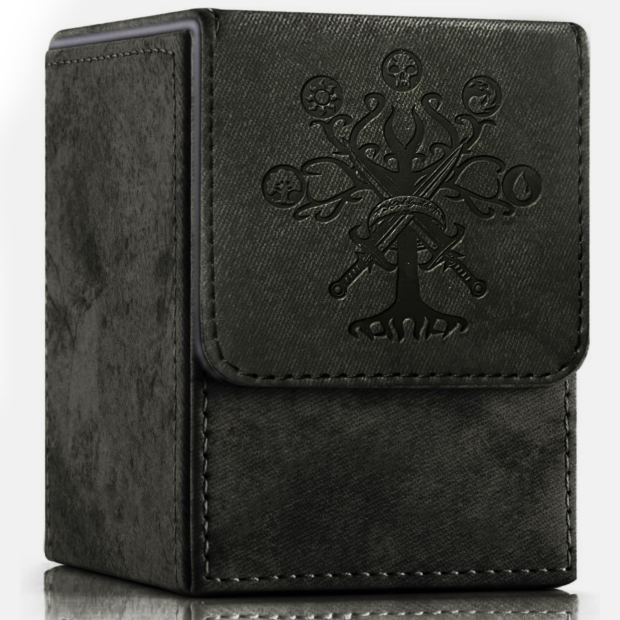 MTG Card Deck Box, Commander Deck Box Fits 100+ Single Sleeved Cards, Storage for TCG/MTG Crads, PU Leather Strong Magenet (Black, Tree)