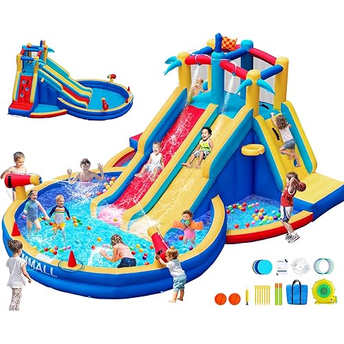 Inflatable Water Slide Bounce House with 550 W Blower, Blow up 8-in-1 Waterslide Park Bouncy Castle for Kids Outdoor and Indoor, Bouncer House with Large Pool, Double Slides and Climbing Walls