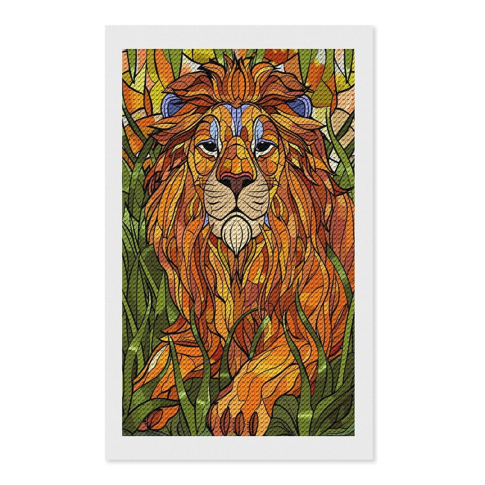 Junmoney Stained Glass Lion in Tall Grass Diamond Art Kit 12"x20", Relaxing DIY Hobby, Satisfying Creative Project, Living Room Decor, for Women