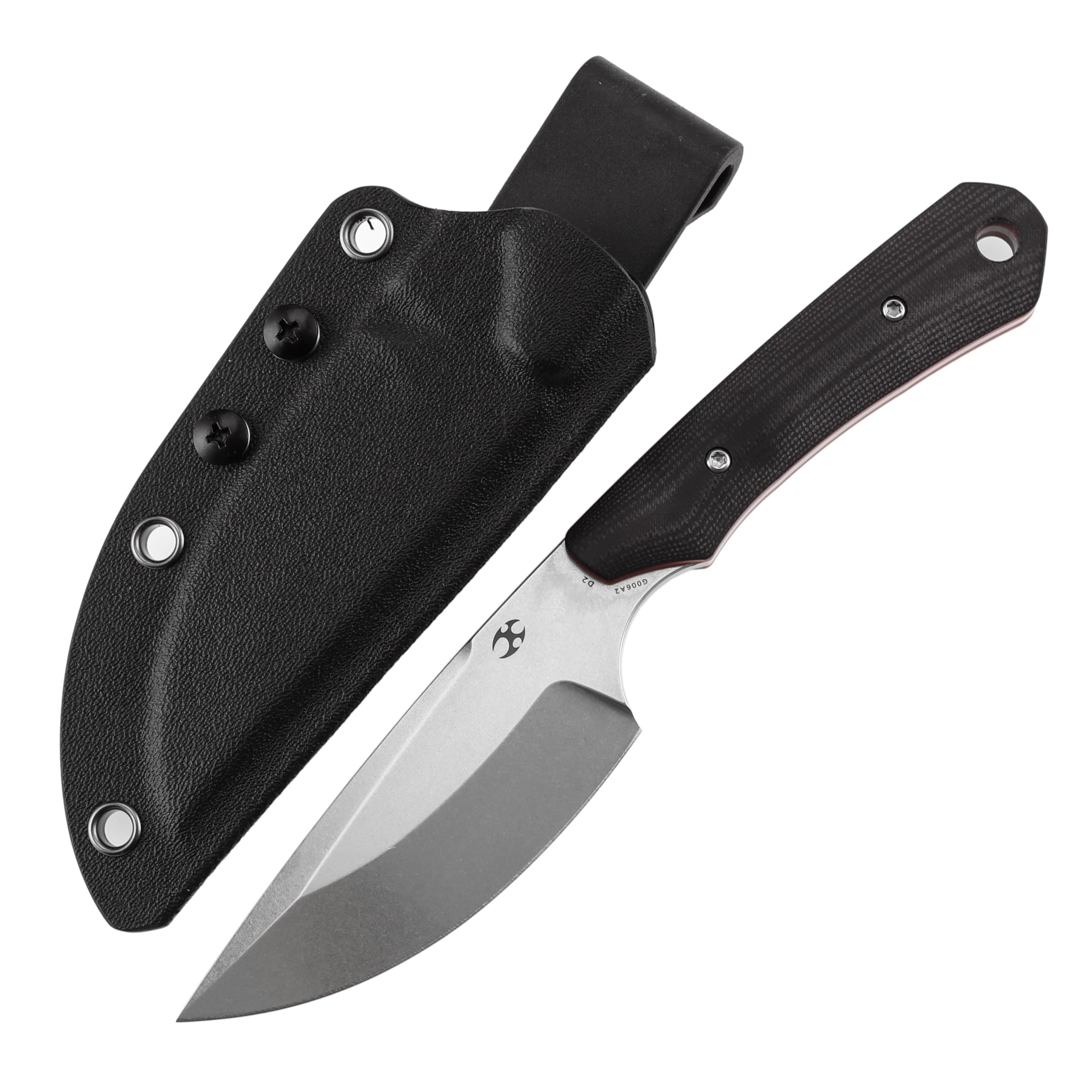 KANSPET Flank Fixed Blade Knife, 3.69" Stonewashed Sharp D2, Black & Red G10 Ergonomics Handle, Adjustable Kydex Sheath for EDC Hunting Survival