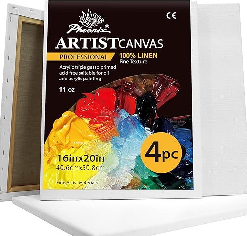 PHOENIX - Lienzos estirados de algodón de grano fino para pintura, 4 unidades de 16 x 20 pulgadas, 11.2 oz, perfil imprimado de 34 de pulgada,