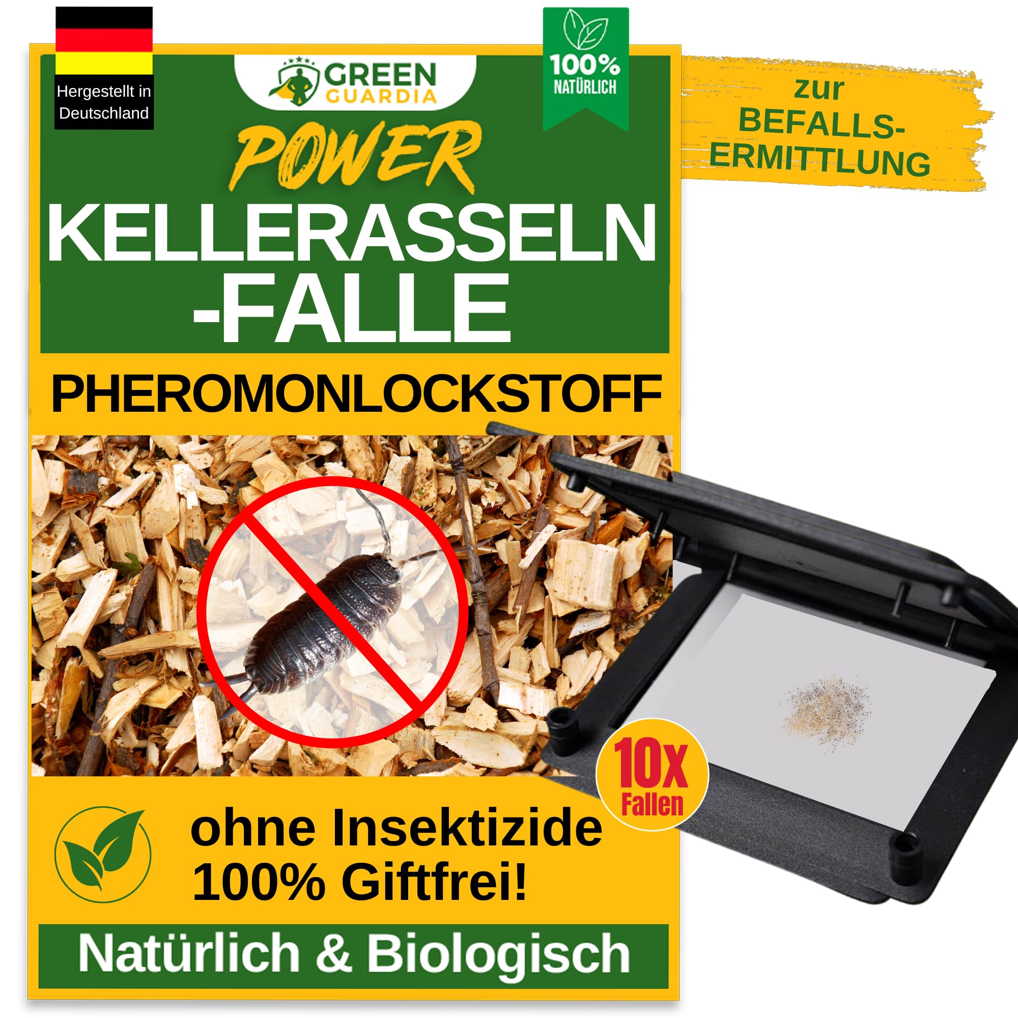 GREEN GUARDIA Kellerasseln Falle mit Pheromon-Lockstoff - 10x Fallen - umweltfreundlich Ungeziefer bekämpfen, Chemiefreie Pheromonfalle mit austauschbaren Klebeflächen, giftfrei und geruchsneutral