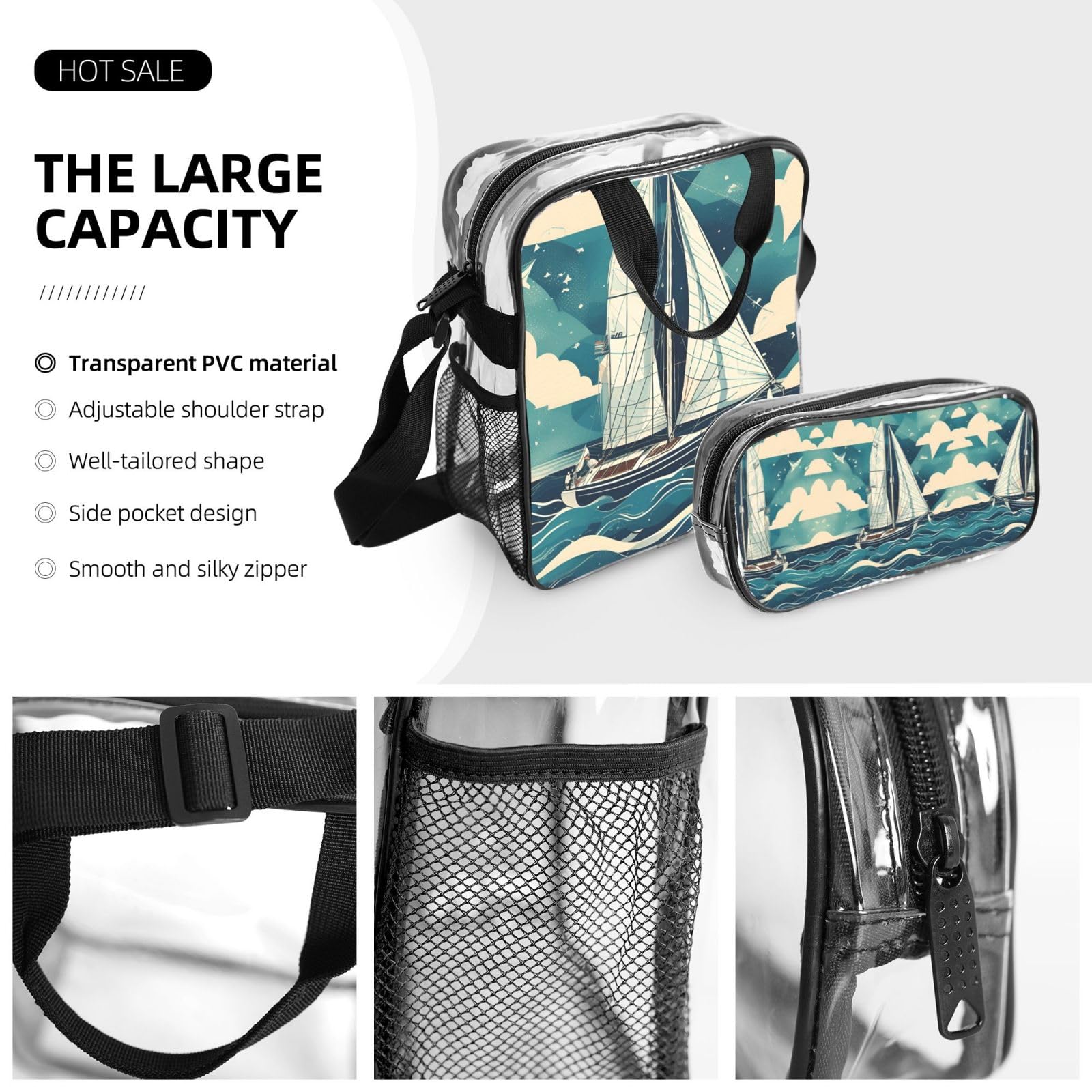 Ocean Sailboat Zaino Stampato Set 3 in 1 Trasparente Borsa Set Per Scuola Lavoro Stadio Eventi E Trasporto quotidiano