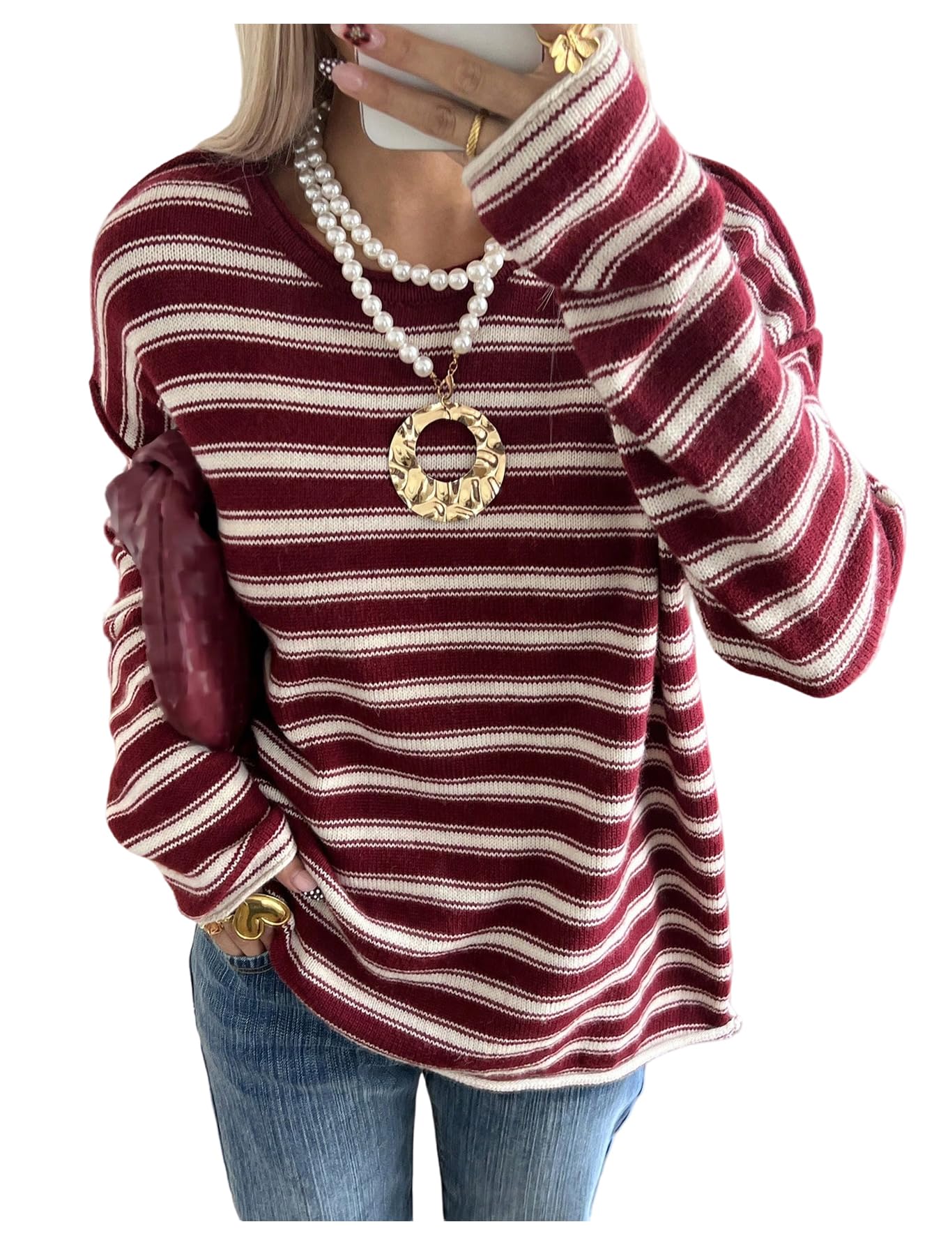 MakeMeChic Womens Striped Sweater Winter Crewneck Long Sleeve Knitted Oversized Pullover Tops