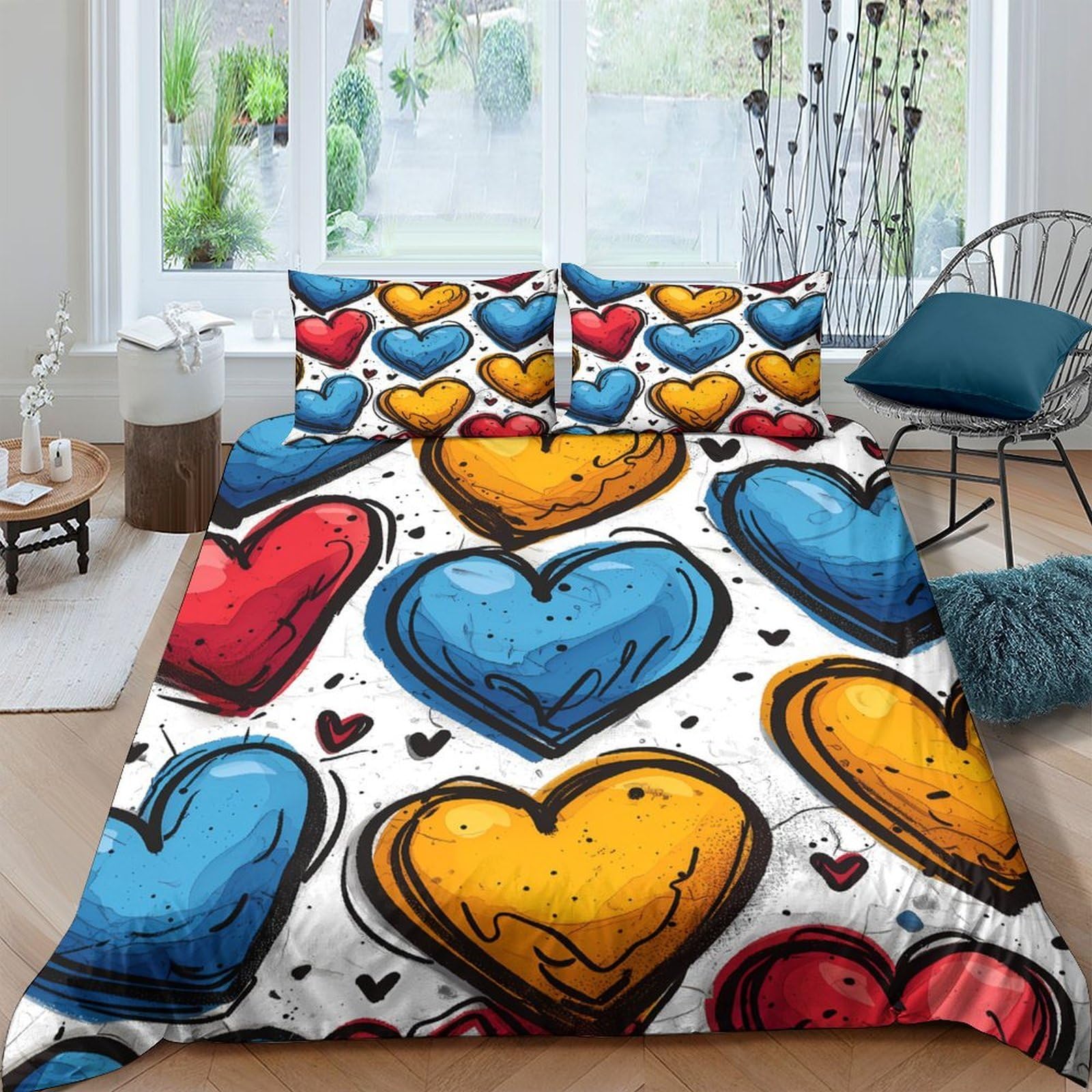Ctjqhvkz Style-6 3D Printed Colorful Heart Fitted Sheet Microfiber Soft Bedroom Decor Graffiti Love Mattress Cover For Home Dorm Single（135X200cm）