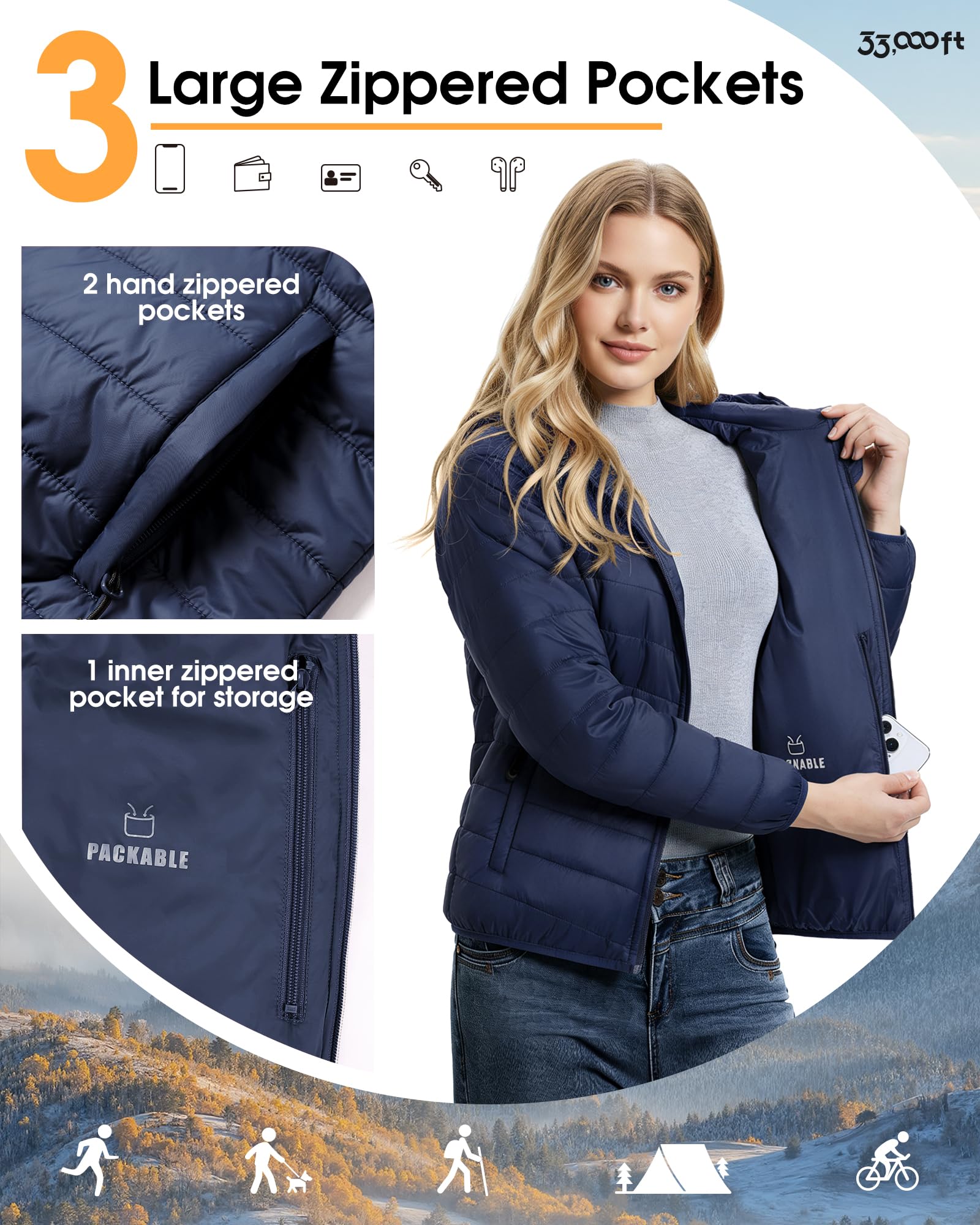 33,000ft Veste matelassée matelassée légère et chaude à capuche pour femme