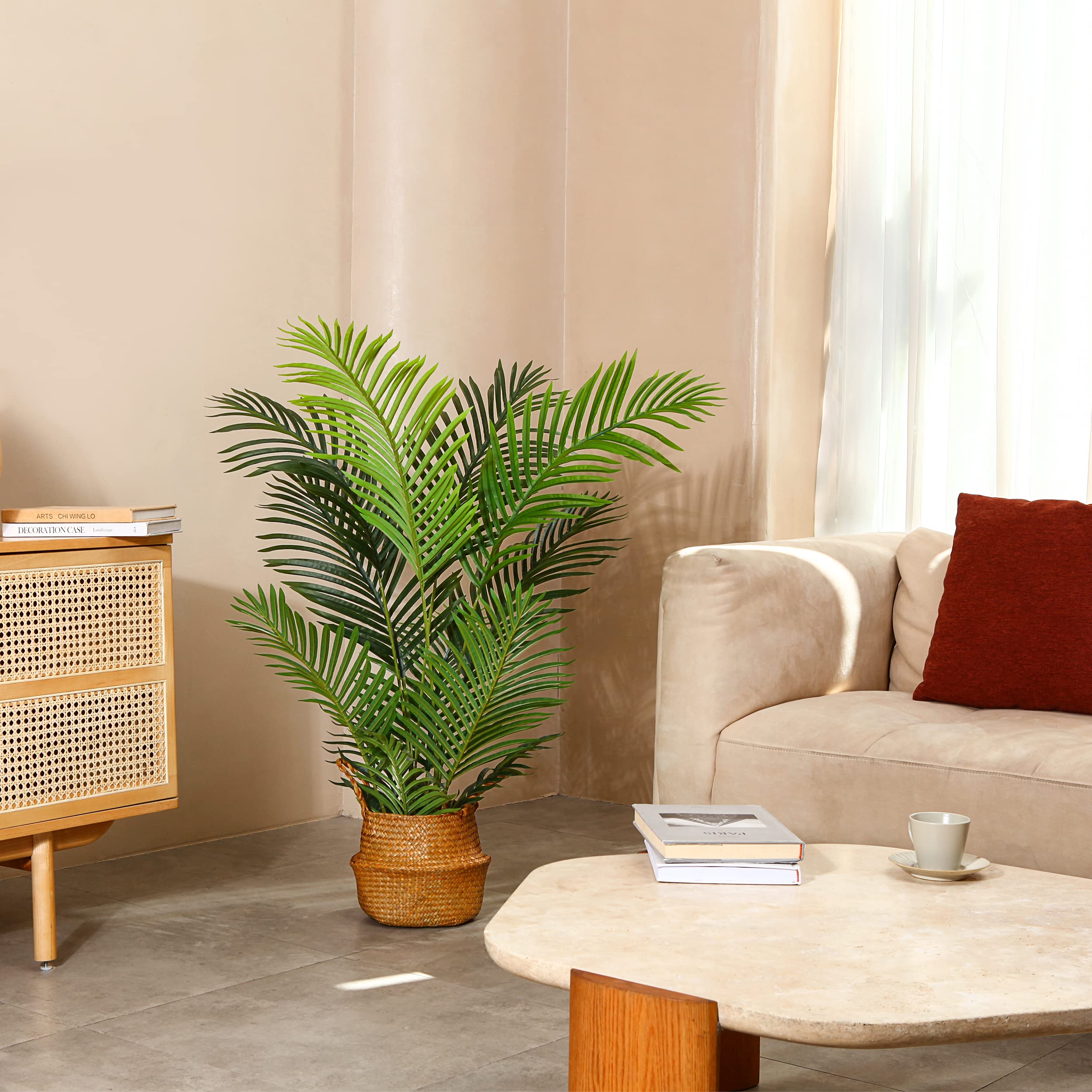 Fopamtri Kunstpflanzen Groß Areca Kunstpalme 120 cm im Topf Künstliche Pflanze Tropical Hawaii Grün Fake Plant für Schlafzimmer Büro Garten Hochzeit Party Deco (2 Stück)