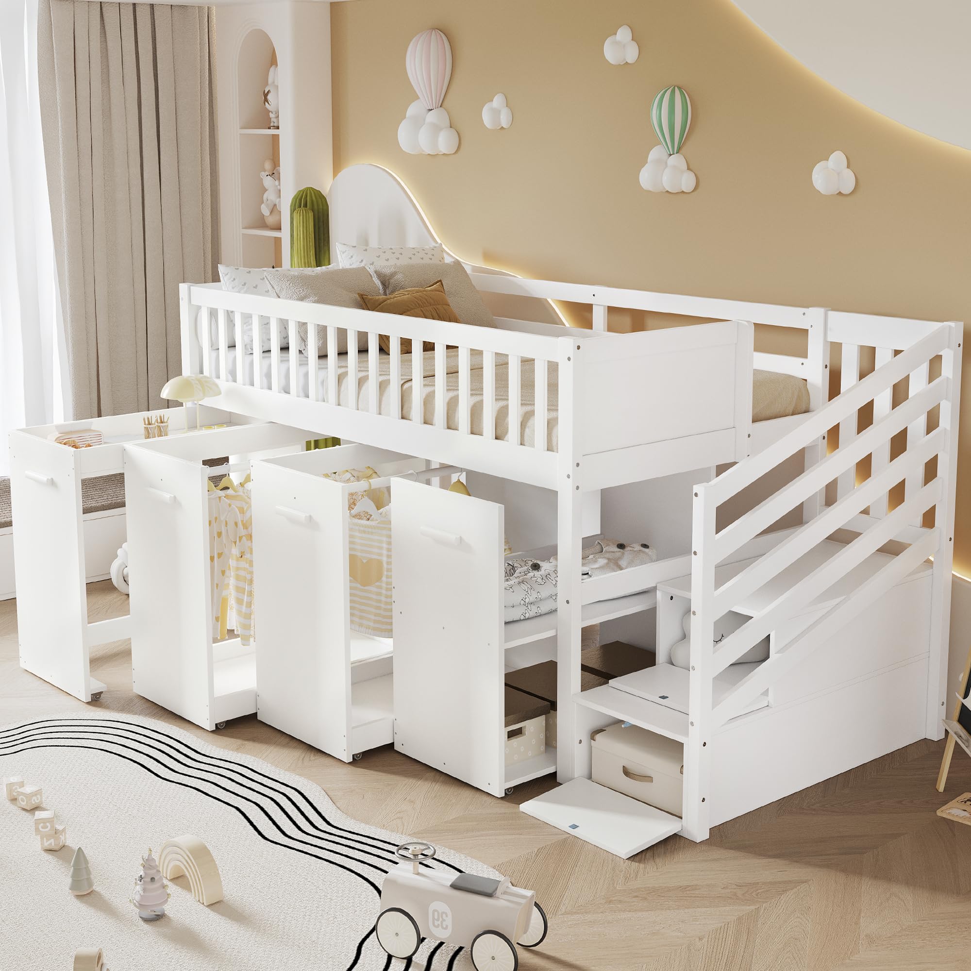 90x200cm, Weiß,Etagenbett, Multifunktionsbett, Hochbett mit Schreibtisch und Schrank, Ausziehbarer Schreibtisch Kinderhochbett, Bett mit Schreibtisch, Kinder Bett