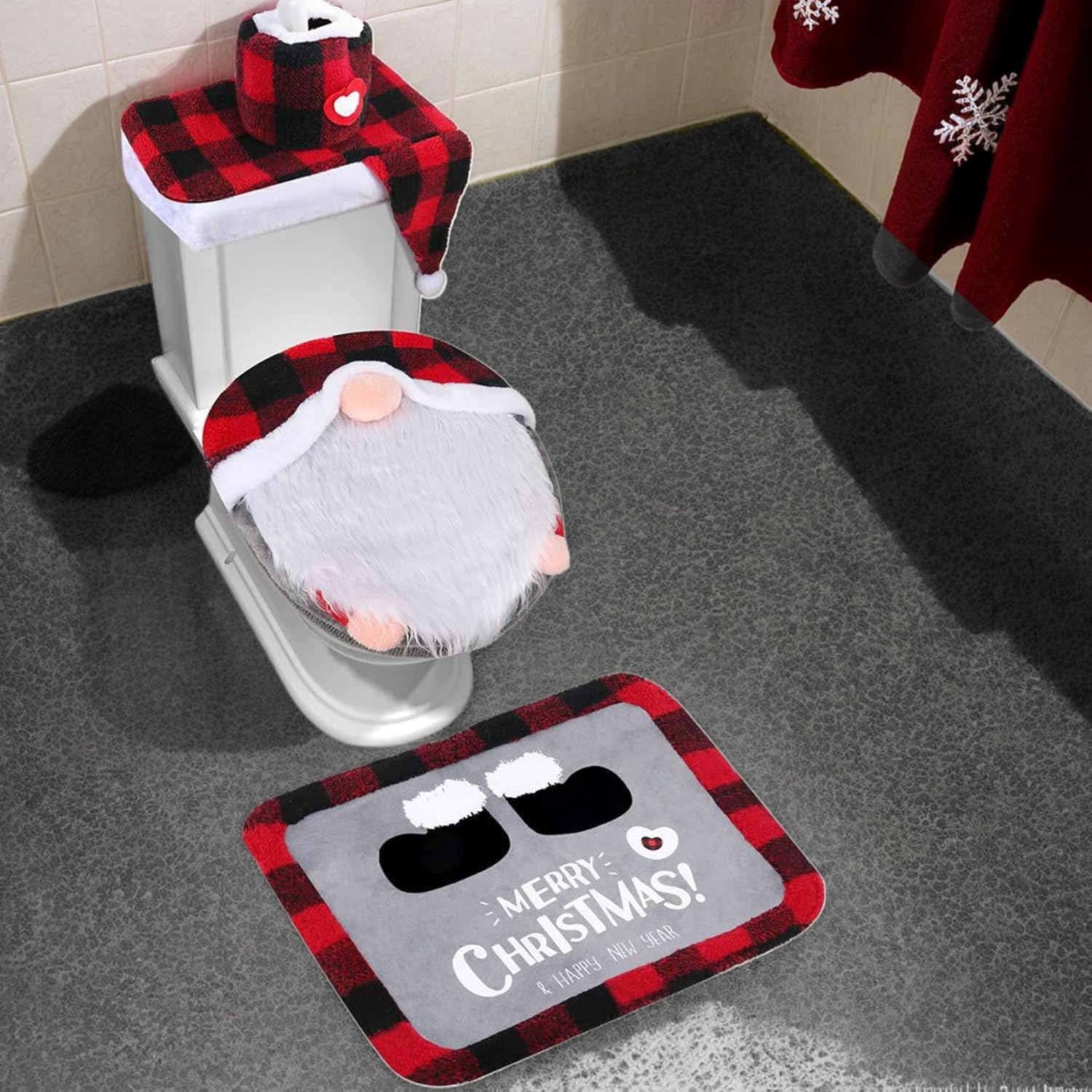 4PCS Christmas Bathroom Sets Toilet Seat Cover Cute Gnome Christmas Bathroom Decor Easy Clean Christmas Bathroom Set with Anti-Slip Rug Toilet Lid Cover Tissue Box Cover and Tank Cover Style 1.