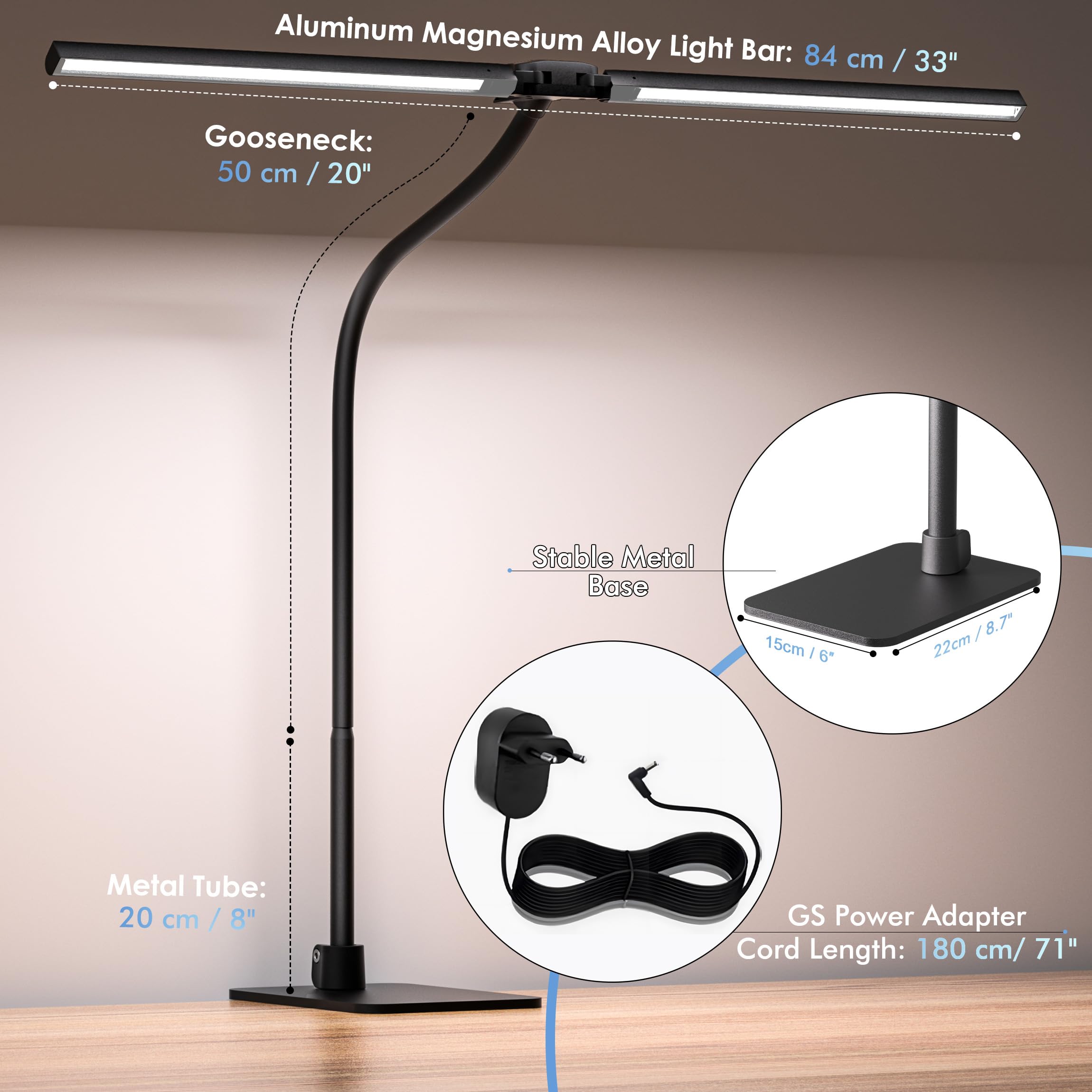 EYOCEAN Lampada da Scrivania, Lampada da Scrivania a Doppia Testa 24W 80cm con Telecomando, Temperatura di colore regolabile, senza abbagliamento, Lampada da Monitor Dimmerabile, PC Lampada per