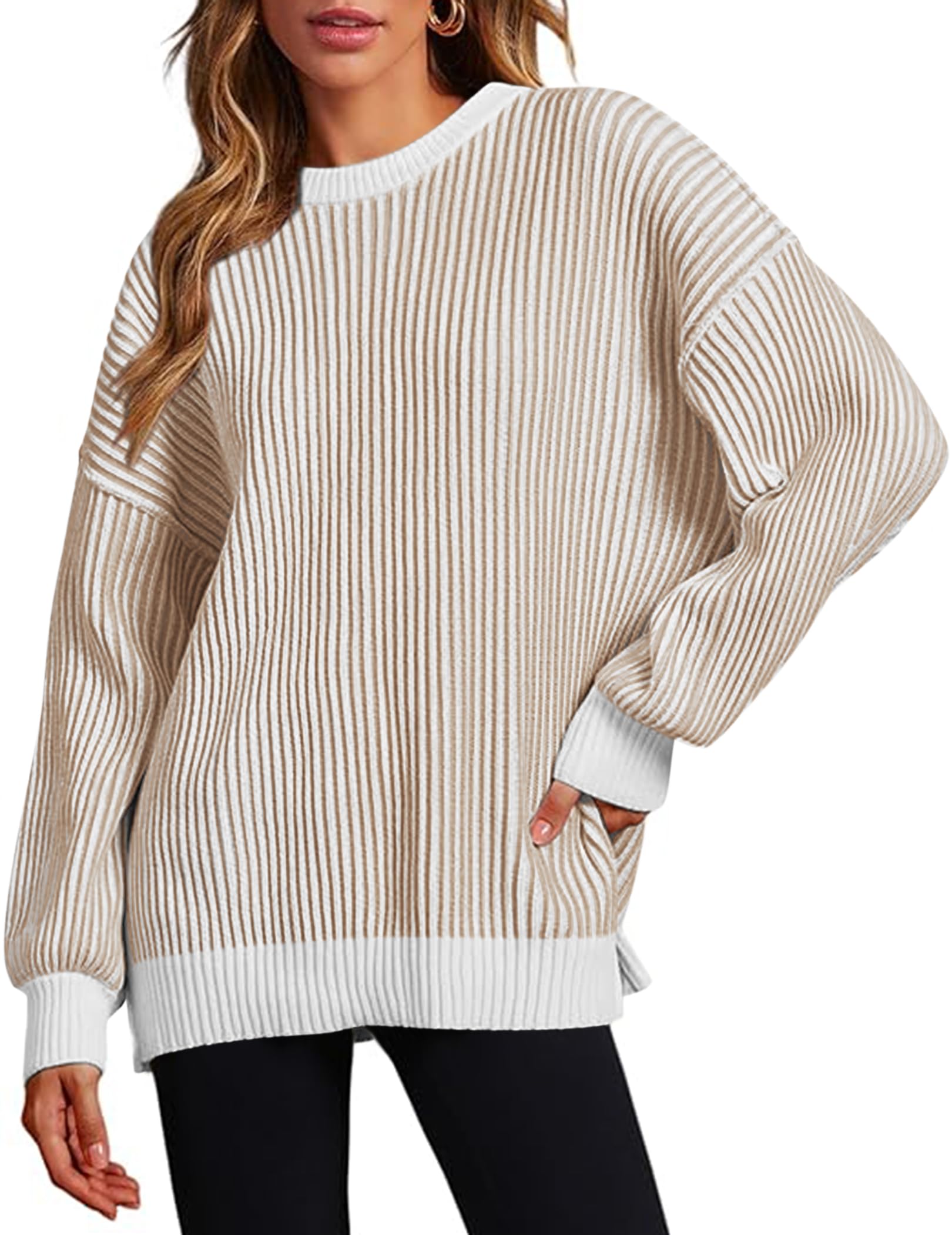 ZEAGOO Pullover Damen Elegant Strickpullover Oversize Rundhals Winterpullover Langarm Strick Pulli Casual Sweatshirt Lose Oberteile S-XXL