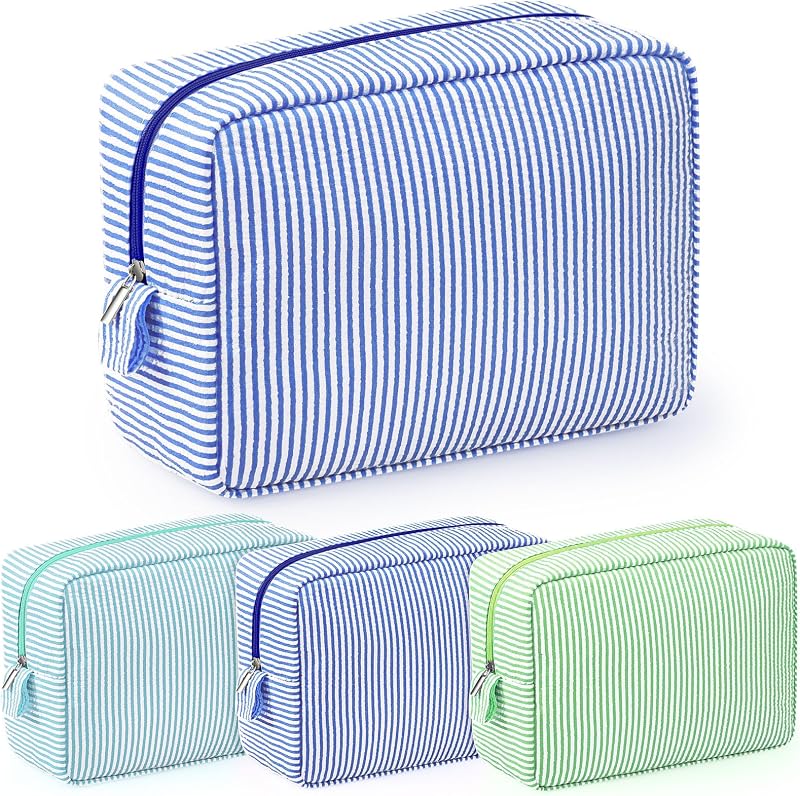 Sanwuta 3 necessaires de maquiagem em seersucker, azul-marinho, verde e azul-lago