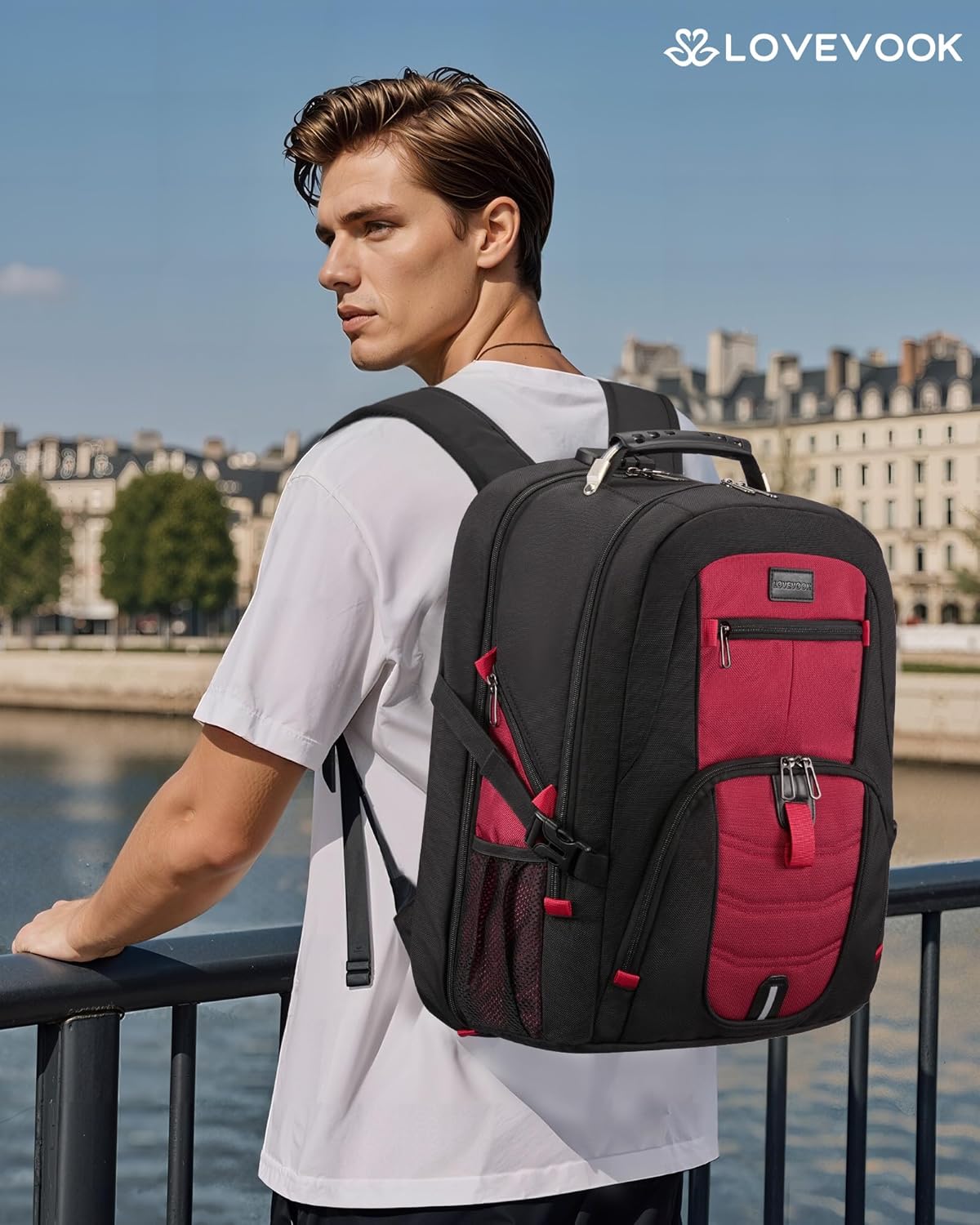 LOVEVOOK Travel Laptop Backpack Waterproof Anti Theft Backpack with Lock and USB Charging Port Large 17-17.3 Inch Computer Business Backpack for Women Men Red - Image 3