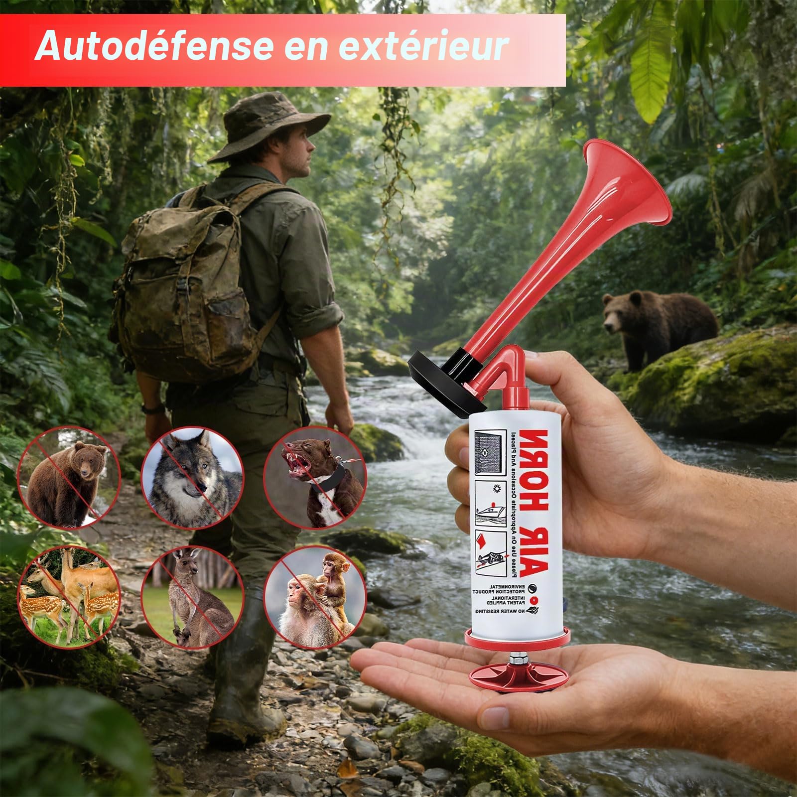 Corne de Brume Manuelle, Klaxon à Air Comprimé Portable, Trompette Supporter, Corne de Brume a Gaz pour L'aviron, Événement Sportif, Match de Football, Fête, Alarmes (Rouge)