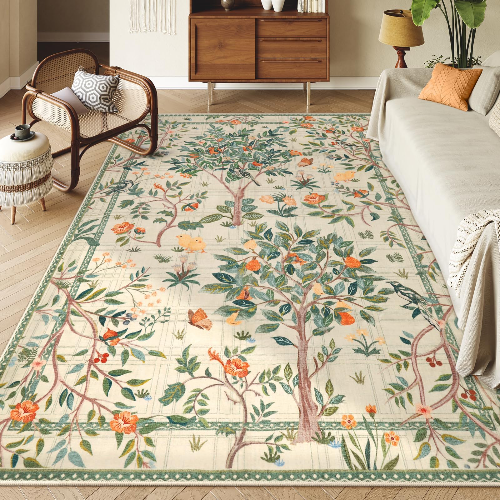 Morebes Washable 8x10 Rugs for Living Room, Boho Sage Green Rugs for Bedroom Non Slip, Soft Floral Indoor Floor Throw for Dining Room Table Home Office Kids Playroom Foyer Nursery