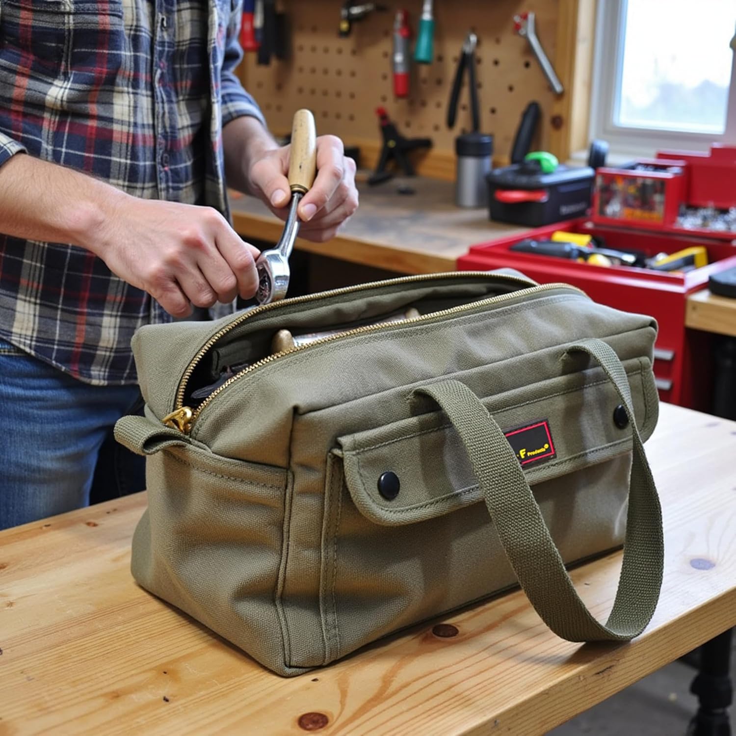 Waxed Canvas All Purpose Military Style Duffle Bag, Water-Resistant, Adjustable Strap, Fully Lined, Double Zipper Closure, heavy Duty, Olive Green