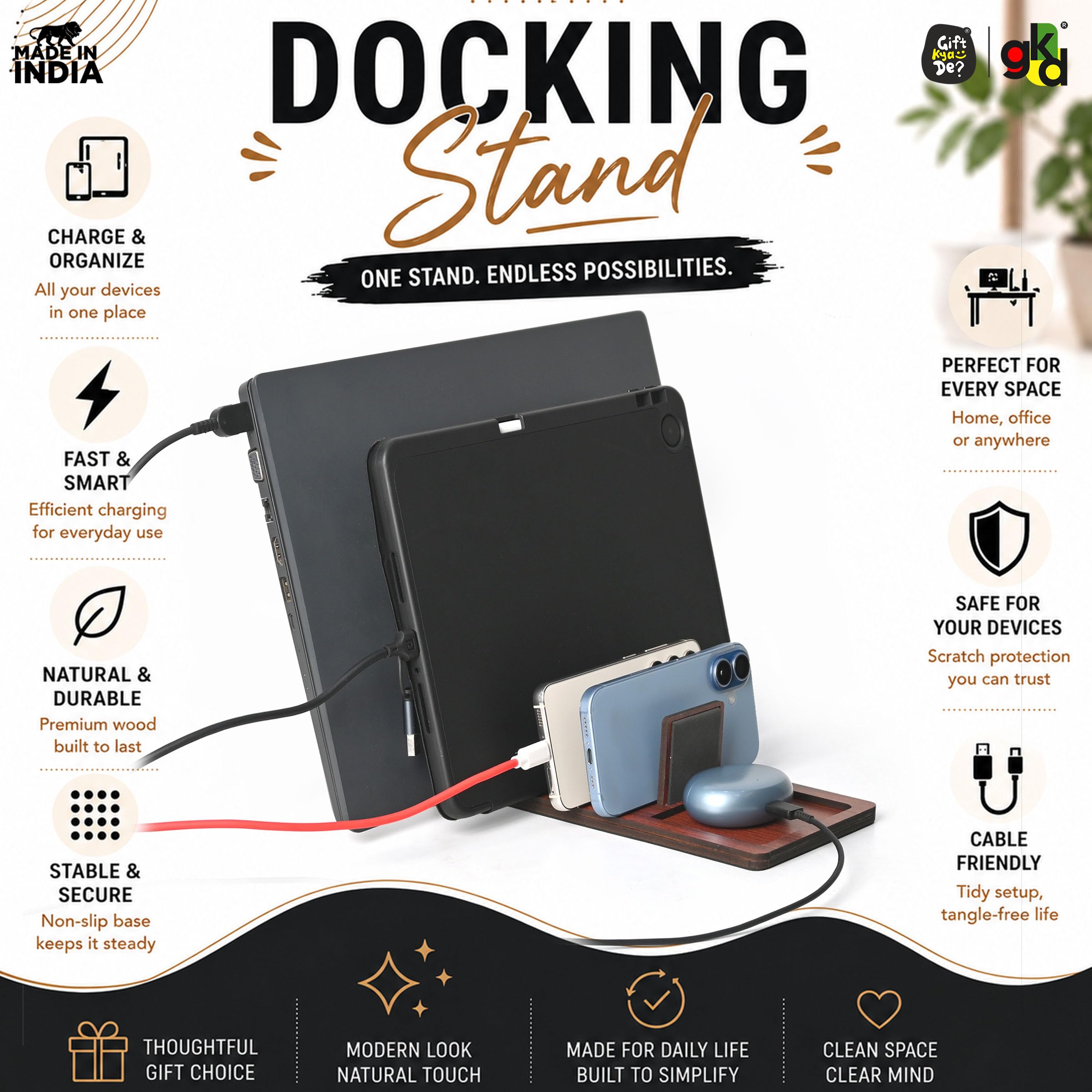 GKD Laptop Stand, Tablet Stand, Mobile, and Power Bank, All in One Multi Device Charging Station and Organizer, Laptop Stand Holder, New Year Gift for Him - Dark Wood