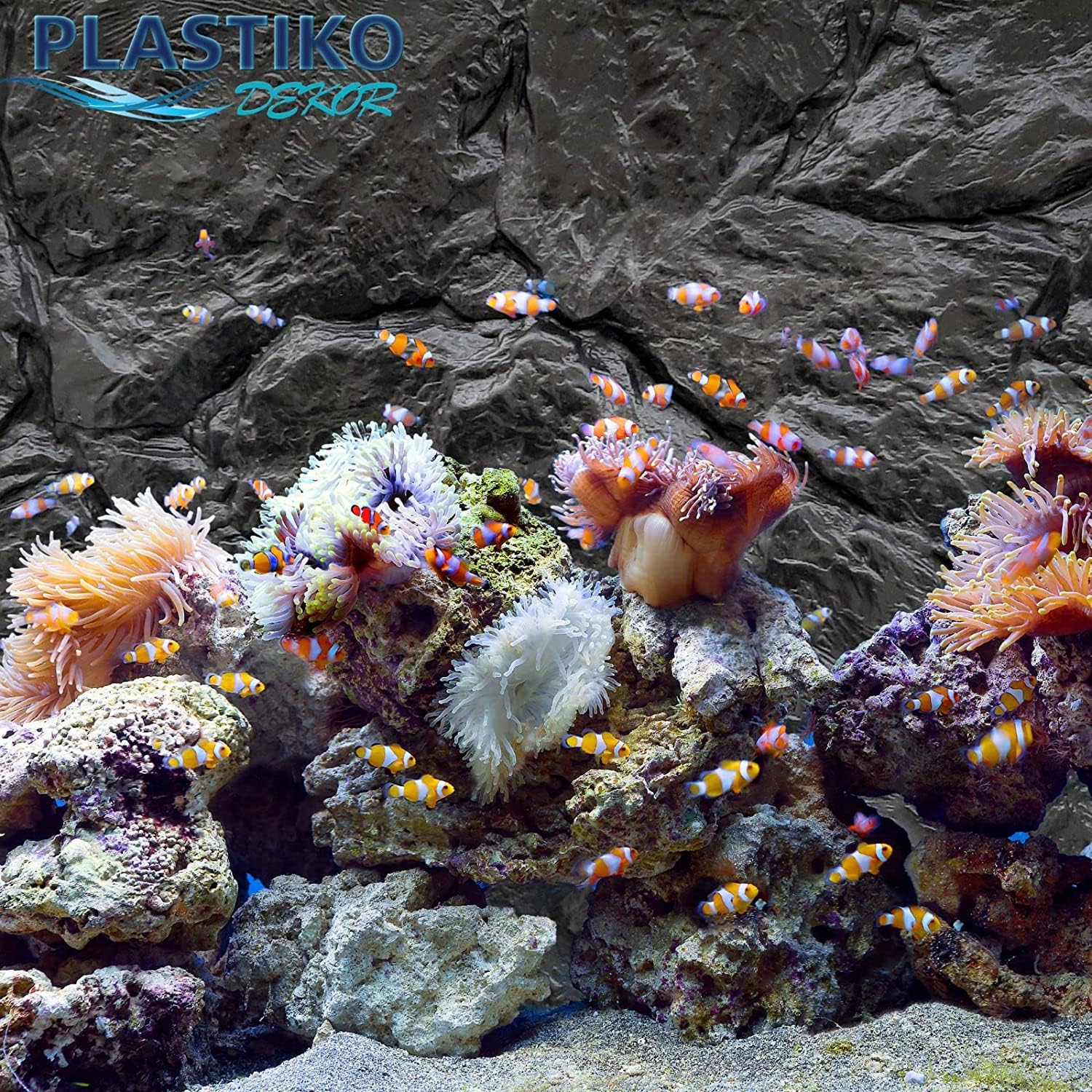 PLASTIKO - Acquario Sfondo 3D I 60x30 cm I Facile da Montare e Pulire I Non Richiede Colla I Sicuro per Gli Animali I Grigio con Un Modello di Pietre Basse