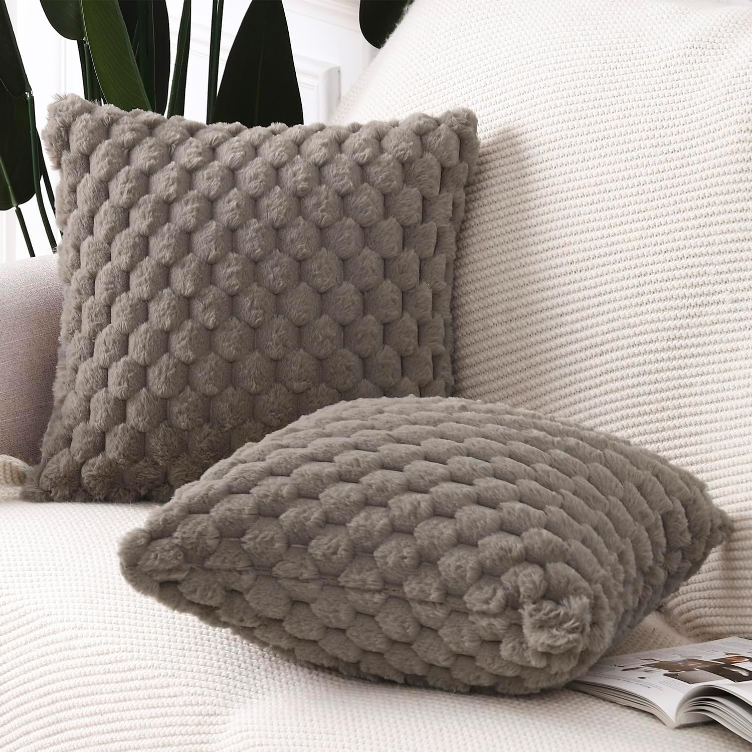 MADIZZ Faux Wool Taupe Throw Pillow Covers 22x22 Inch Set of 2 Super Soft Boho Pillow Covers Decorative Textured Throw Pillowcases Modern Farmhouse Home Decor for Sofa Bedroom