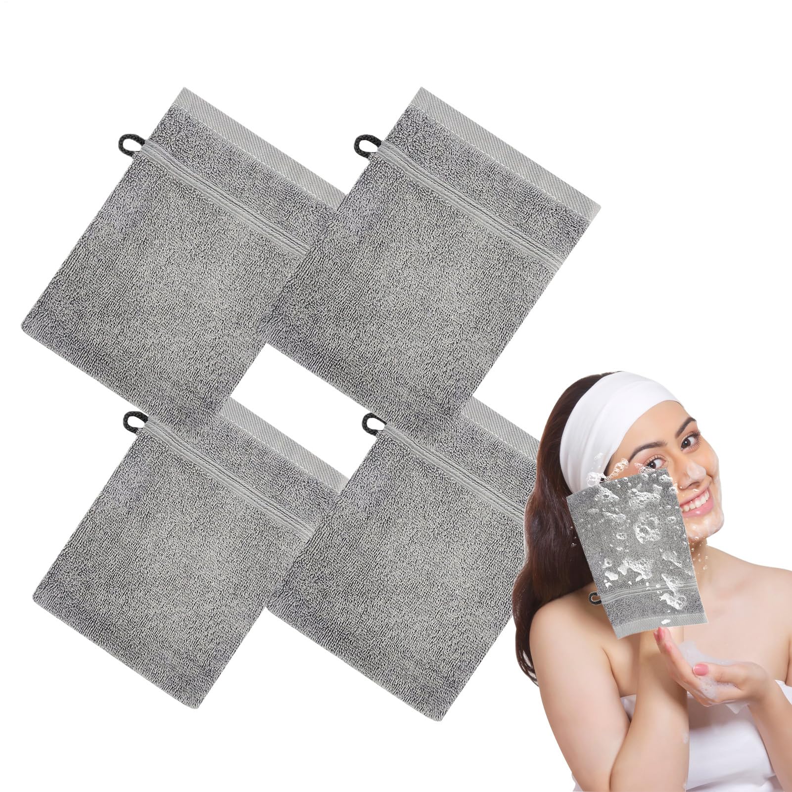 Gants de toilette en coton par 4 avec boucle pour le bain du visage et du corps