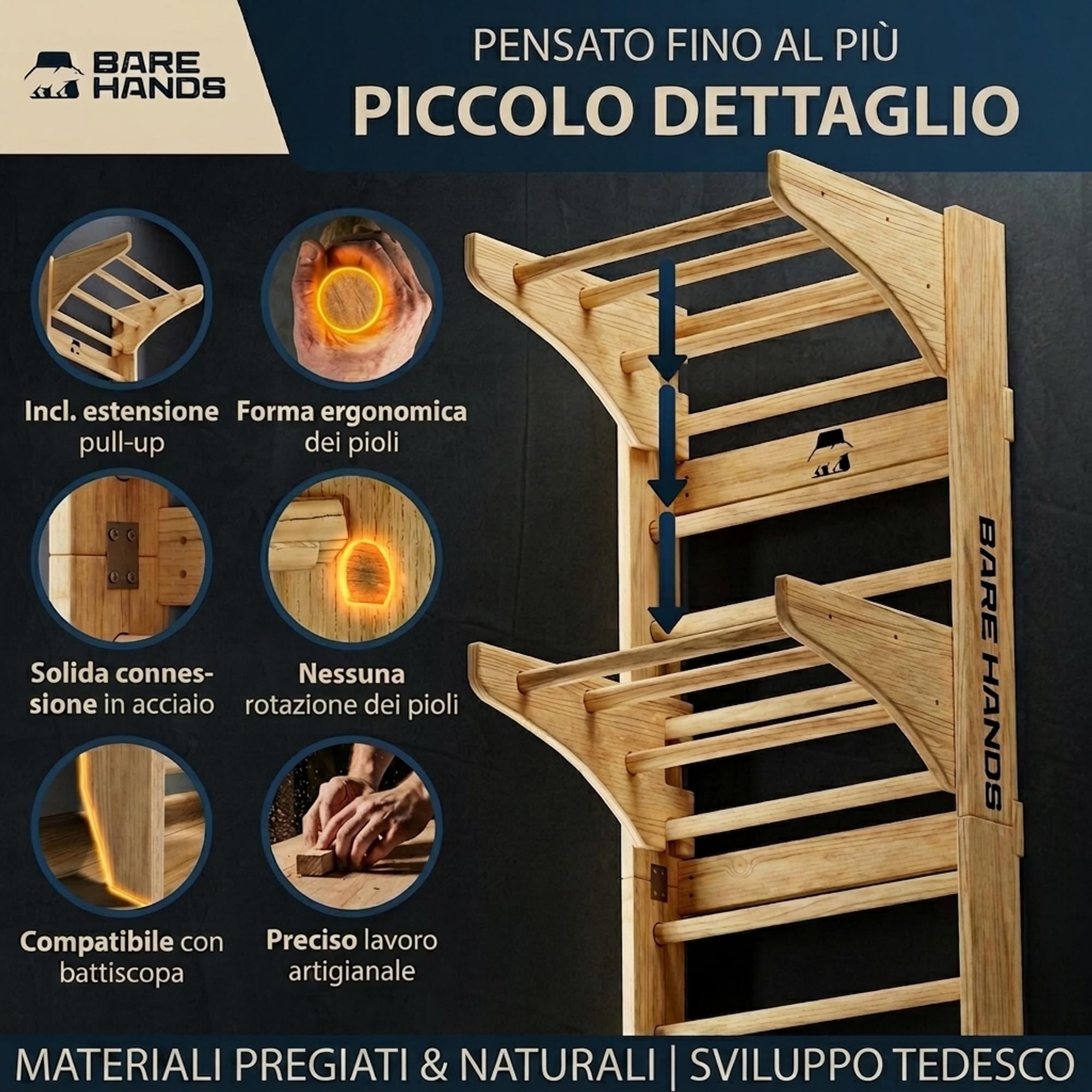 Bare Hands Spalliera Svedese in Legno per Adulti e Bambini – Parete da Ginnastica e Arrampicata Fino a 200 kg – Estremamente Robusta – Disponibile con o Senza Barra per Trazioni e Dip