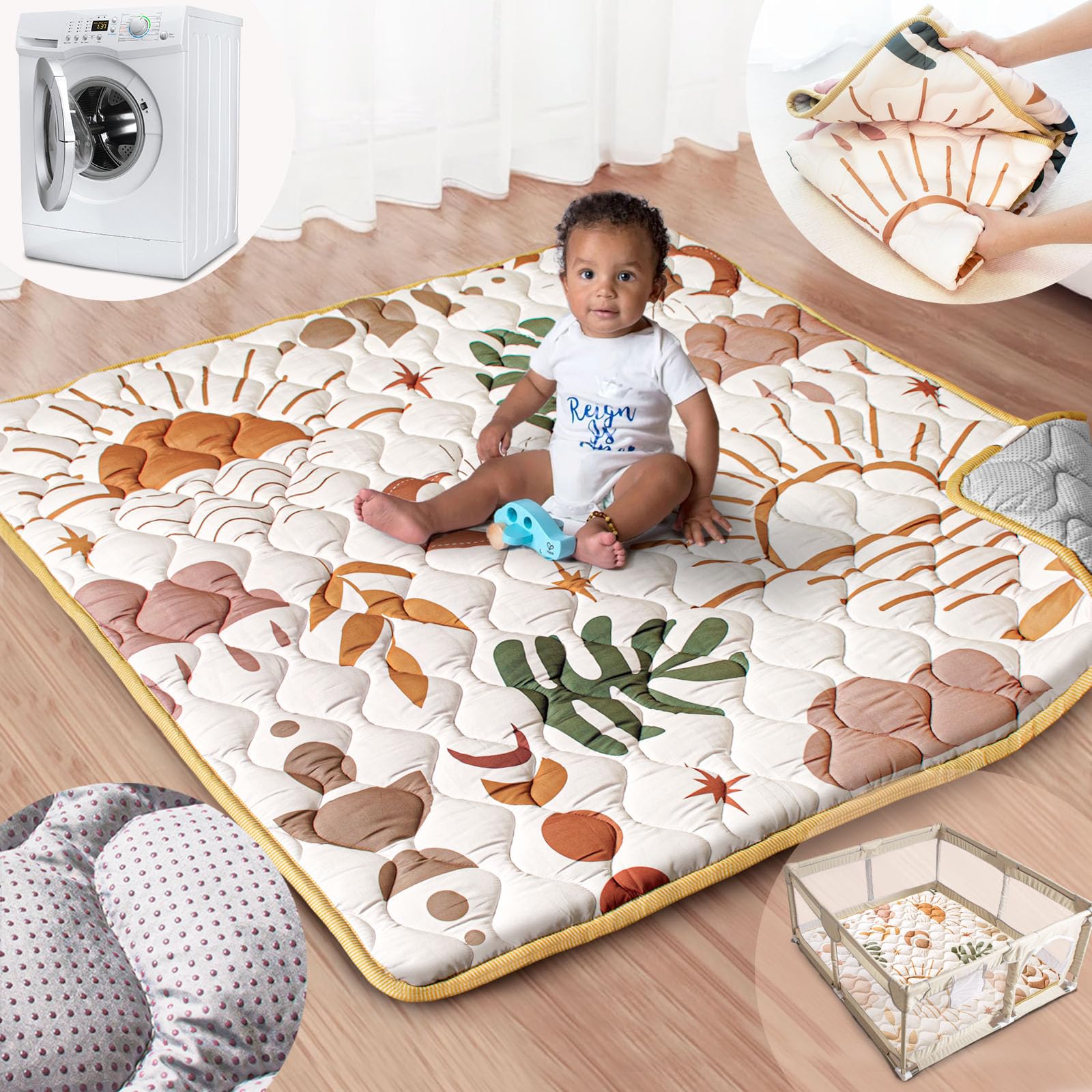 Beavtaens Baby Play Mat, 50x50 Playpen Mat with Super Soft Touch, Activity Mat with Upgraded Anti-Slip Bottom, Machine Washable Crawling Mat for Floor