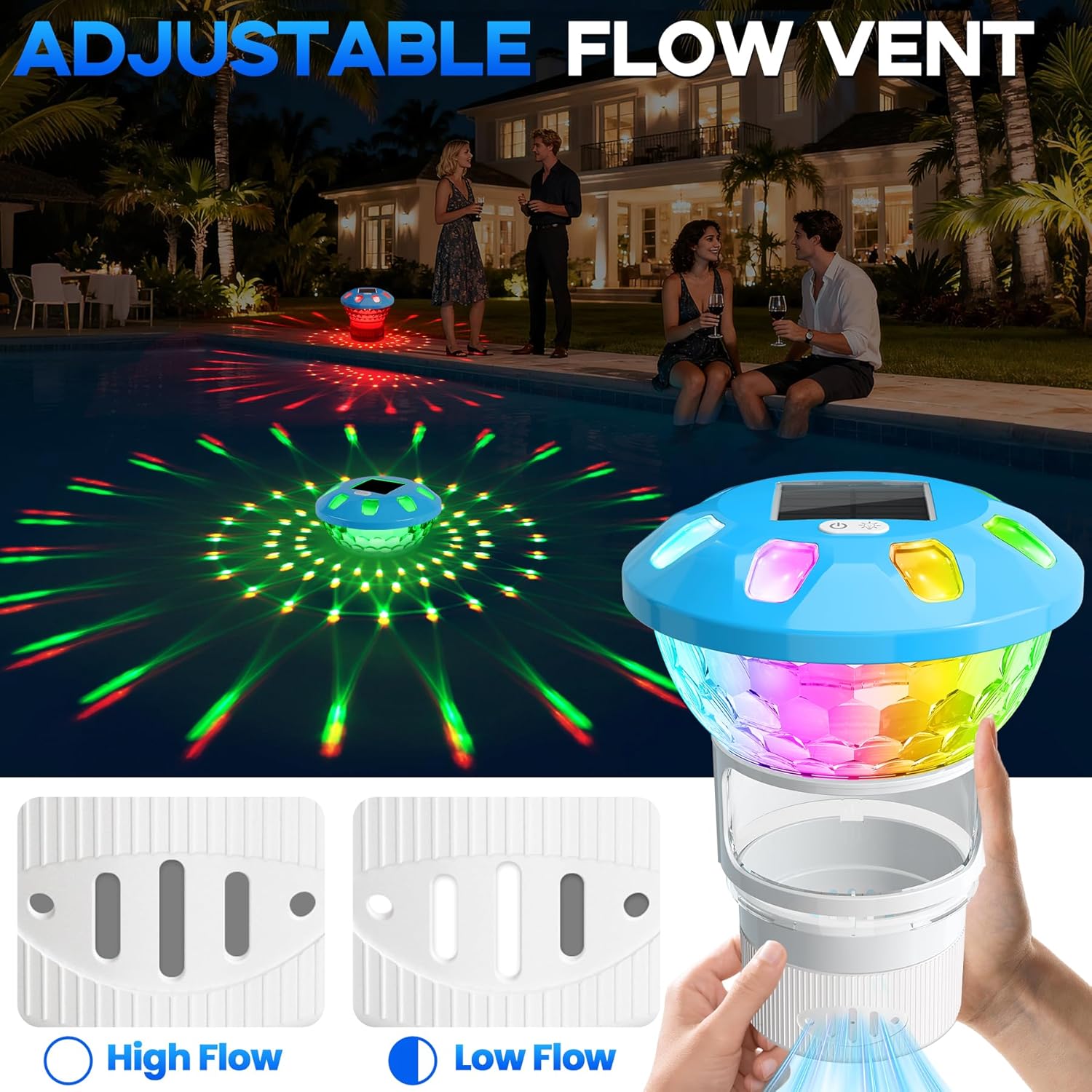ChlorBlu 2026 Upgrade Solar Chlorine Floater, Chlorine Floater Colorful Lights, Buttons Control Floating Chlorine Dispenser for Pool,Adjustable Pool Chlorine Floater,Large Chlorine Pool Floater,White