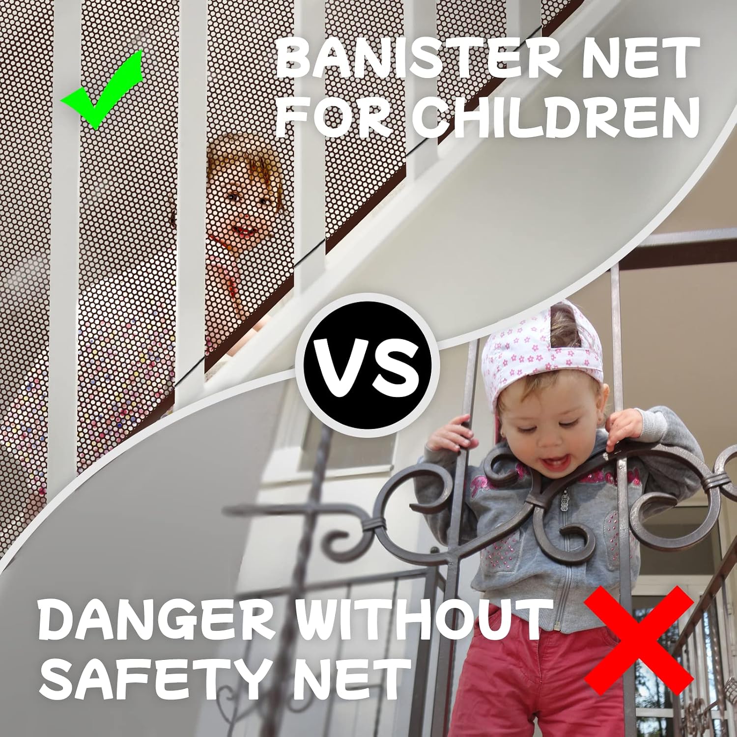 Banister Guard for Baby and Pets, 15ft x 3ft Safety Stairs Rail Net, Balcony Netting Provides Safe Environment for Child, Small Pet, Toy - Brown