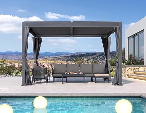 PURPLE LEAF Pérgola con listones de 10 x 13 pies, pérgola gris moderna de aluminio para exteriores con cortinas de privacidad y malla con techo con