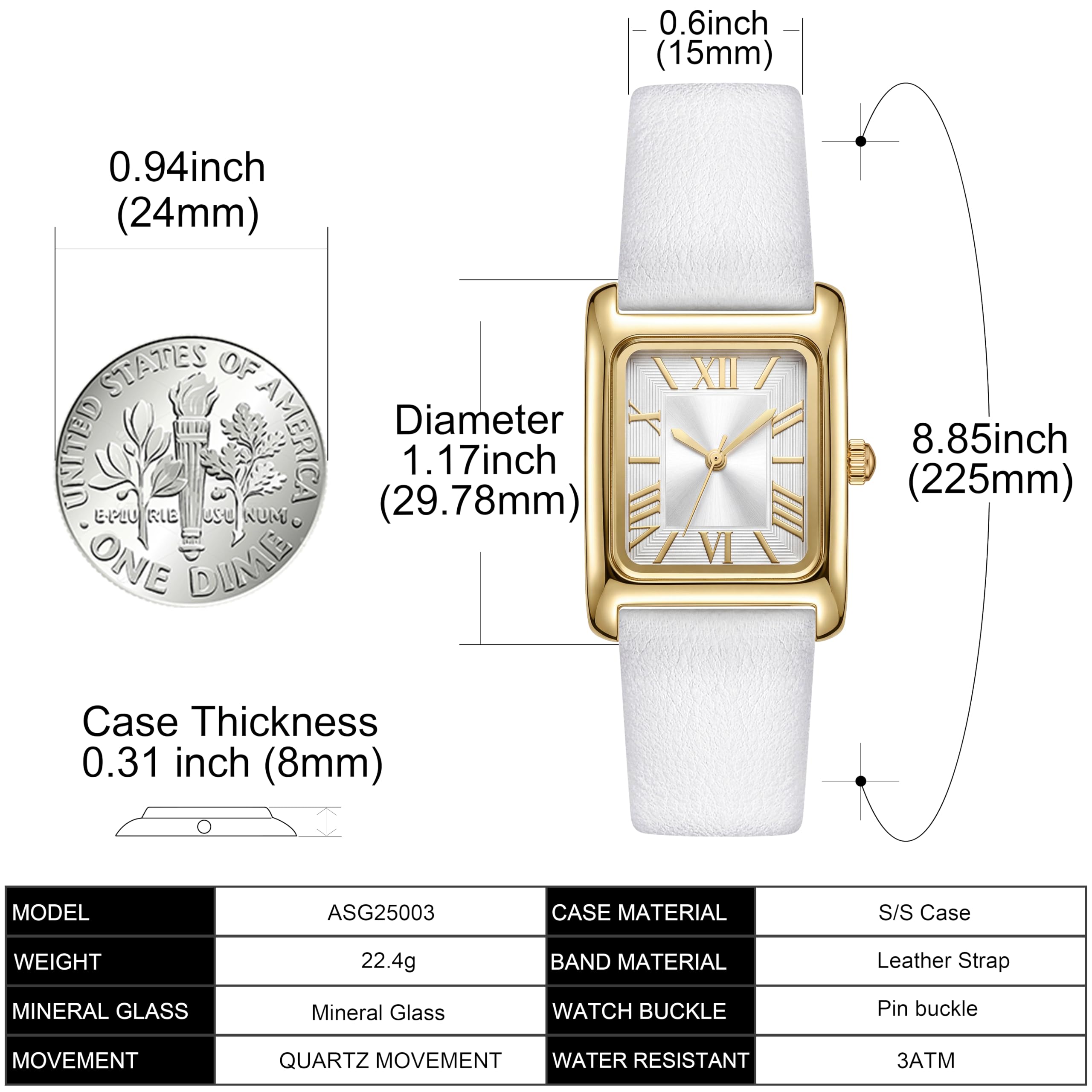 Asan Ge Orologio da donna bianco vintage numeri romani facile da leggere cinturino in pelle resistente all'acqua 30,5 m