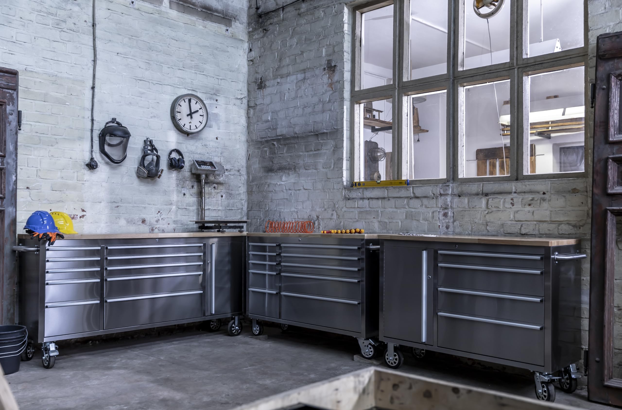 Ondis24 Carrello portautensili in acciaio inox con 4 cassetti scorrevoli e piano di lavoro in legno massiccio XL, ruote girevoli (grigio, 130 x 49 x 92)