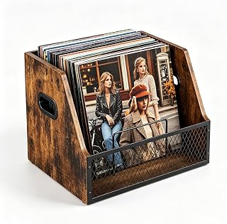 Vinyl Record Storage Holder Wooden Vinyl Record Crate with Handle | Portable Vinyl Record Storage Box, Album Storage for Vinyl Records, Magazine Rack Organizer, Holds up to 60+ Records