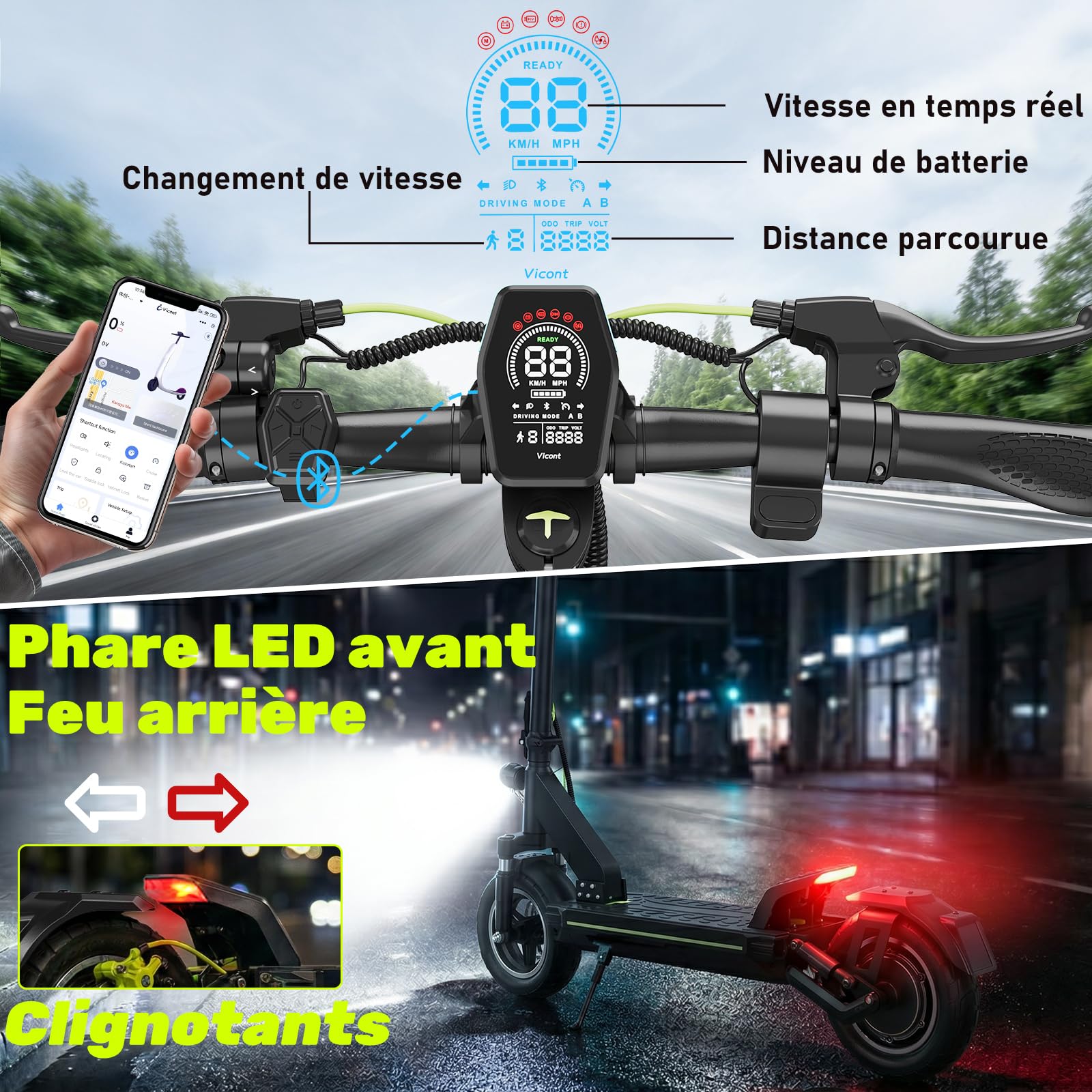 Trottinette Électrique Adulte Tout Terrain Puissante Moteur 800W/1000W*2 Batterie 48V 18,2Ah/20,8Ah Autonomie 50-90KM Trotinette Electrique Ultra Légère Double Suspension Scooter Électrique Adulte