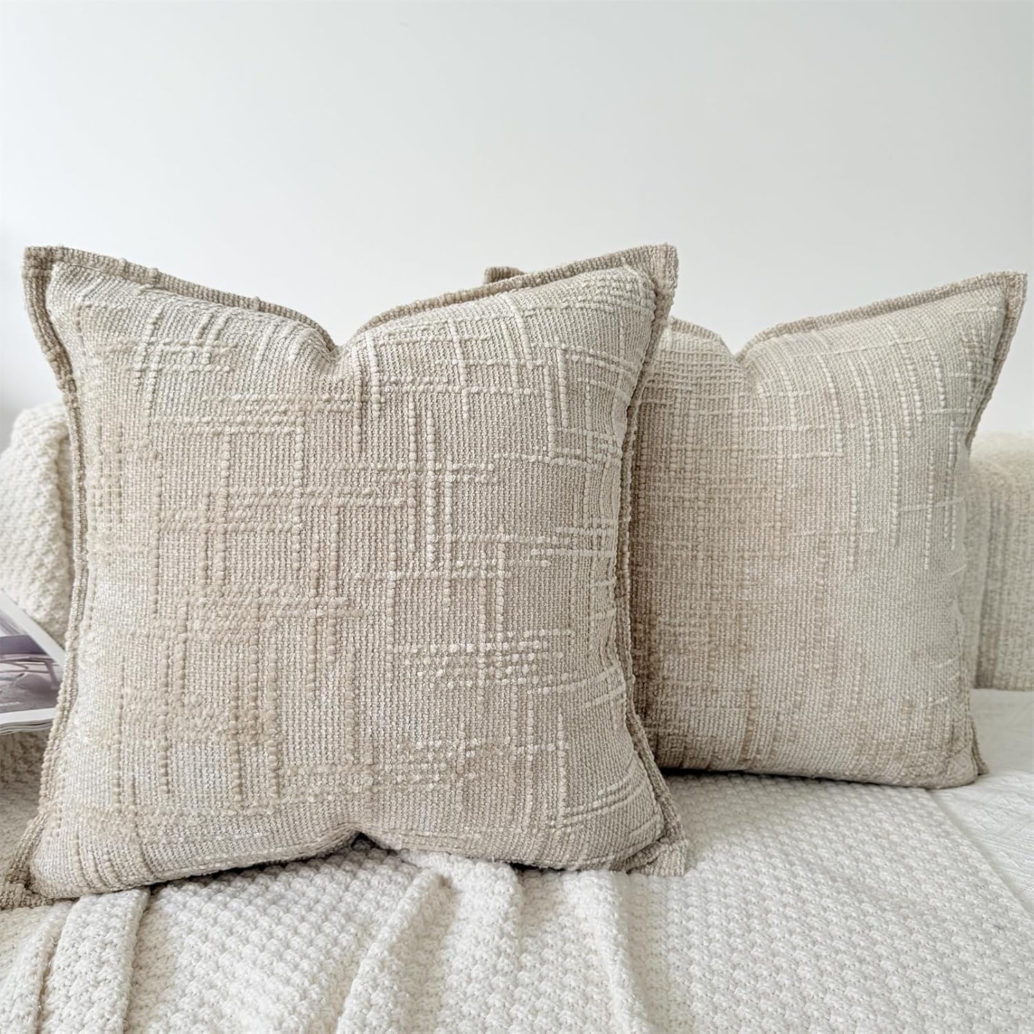 OYIMUA Christmas Decorative Throw Pillow Covers Neutral Oatmeal 20x20 Set of 2 Boho Thick Textured Chenille Farmhouse Couch