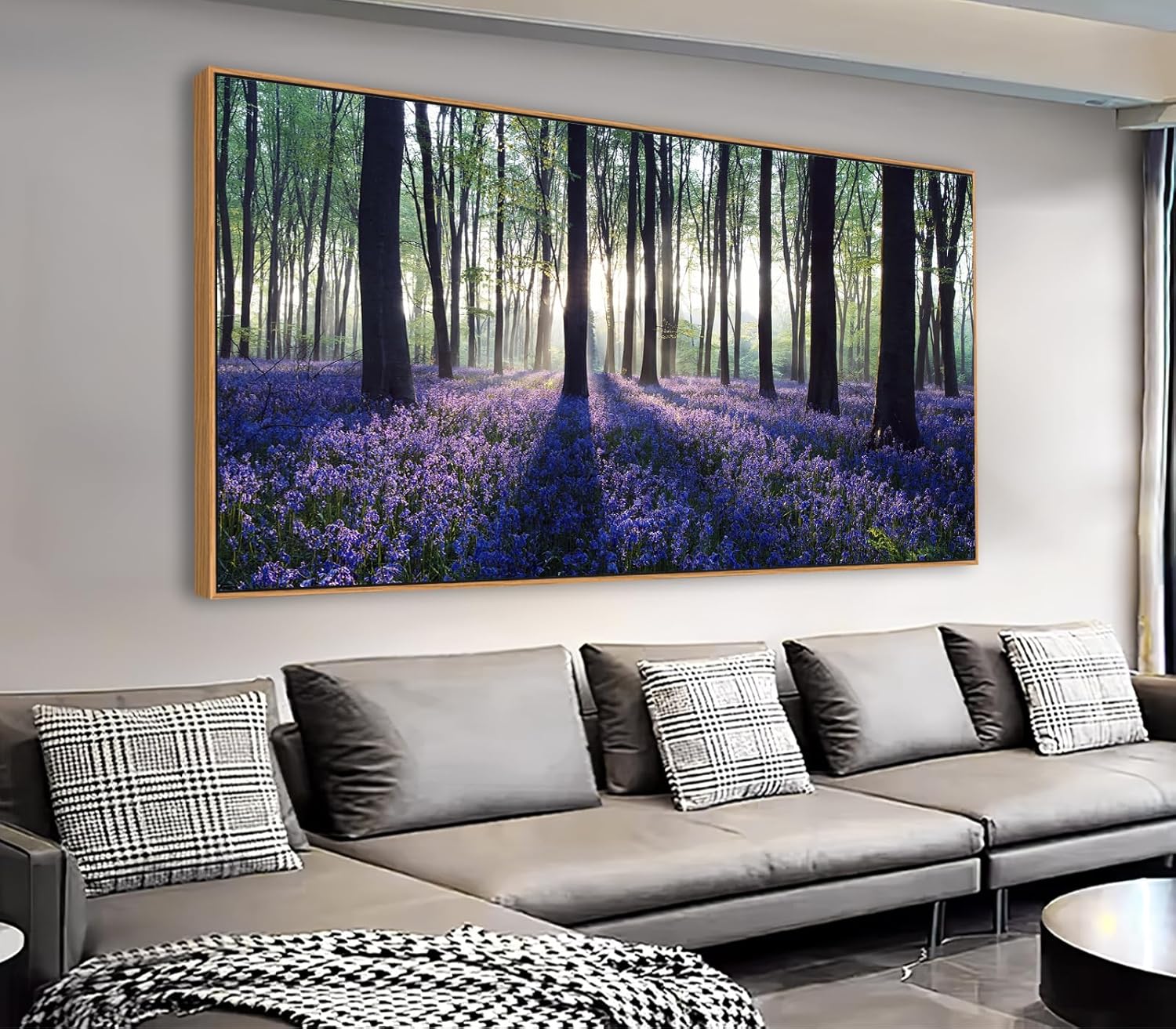 yearainn Framed Lavender Forest Wall Art – Purple Lavender Field with Sunlight through Trees Canvas Picture, Nature Landscape Painting Artwork for Home Wall Decor, Natural Wood Frame, 24" x 48"