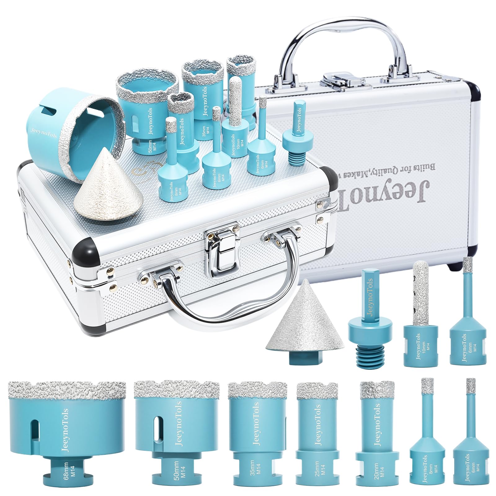 Broca diamante kit 11 piezas (6/6/8/20/25/35/50/68mm + 10mm fresa + 50mm broca biseladora + adaptador hexagonal) - M14 corona diamante kit para azulejos
