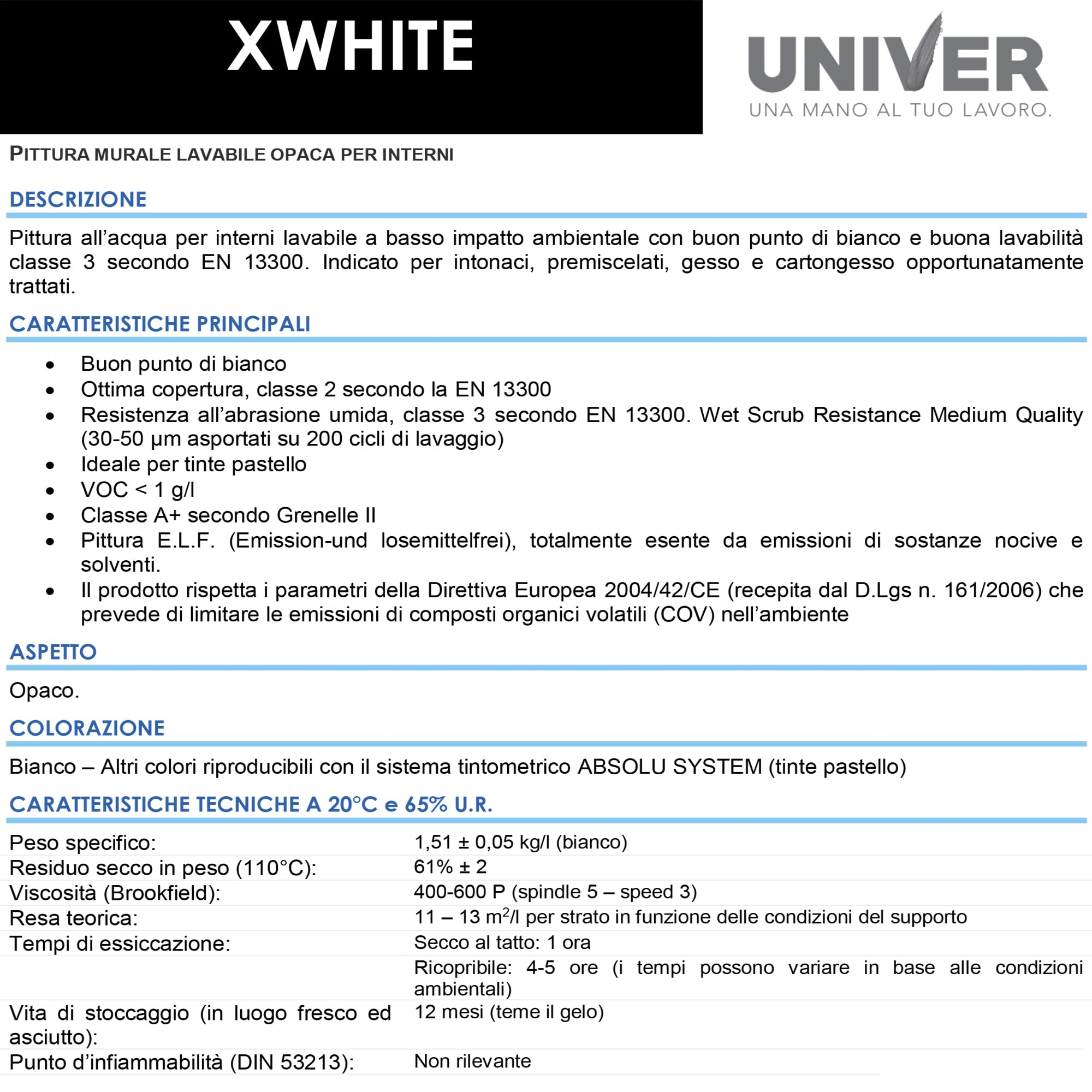 Univer Pittura Bianca per Interni XWHITE Classe A+ 14 Lt Vernice Bianca Muro Interno Lavabile Traspirante Monomano adatto per intonaci cartongesso premiscelati e gesso
