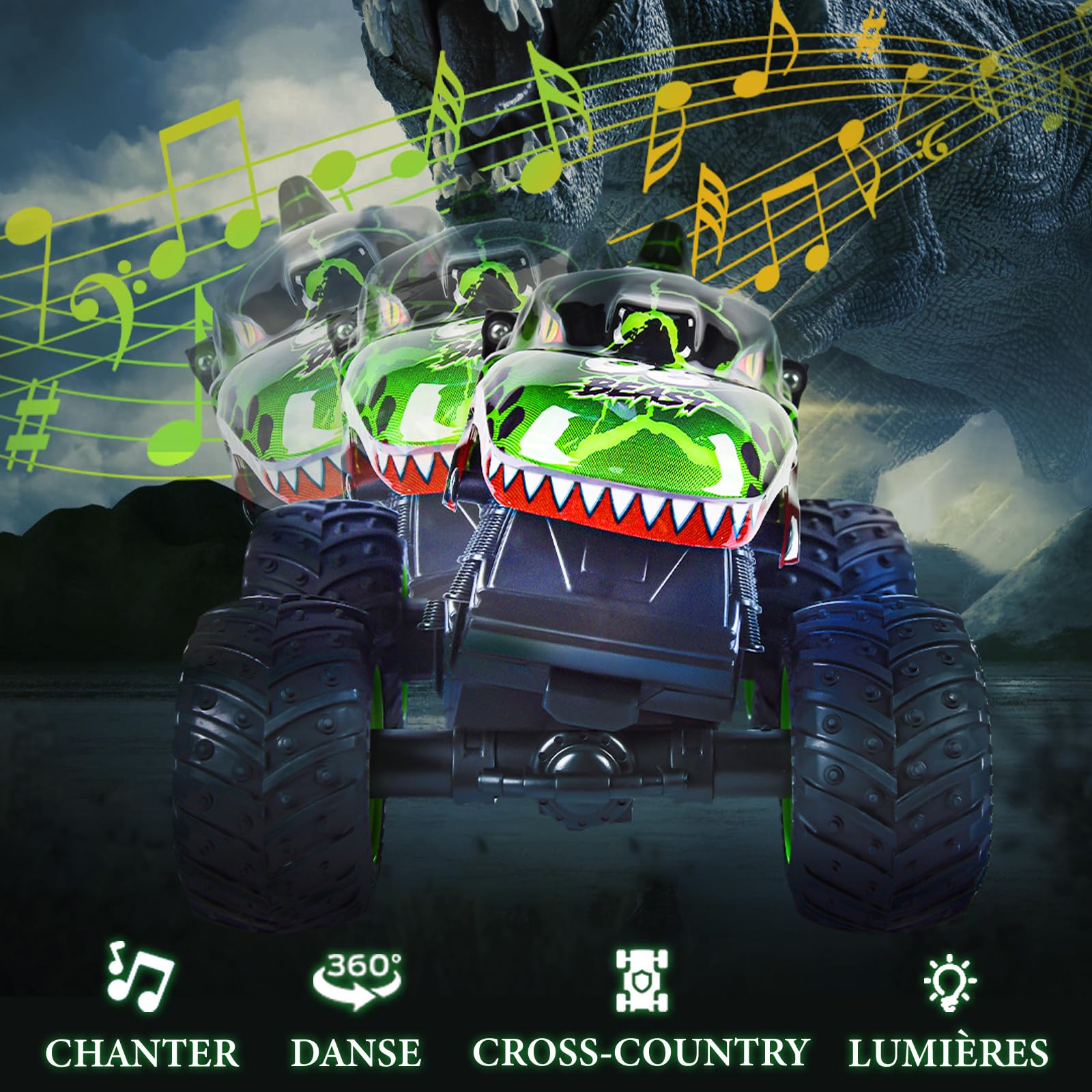 IEEILULU Voiture télécommandée, dinosaure, voiture tout-terrain avec rotation à 360°, lumière LED, Monster truck RC rechargeable, jouet dinosaure, cadeau pour enfants à partir de 3, 4, 5, 6, 8, 10 ans