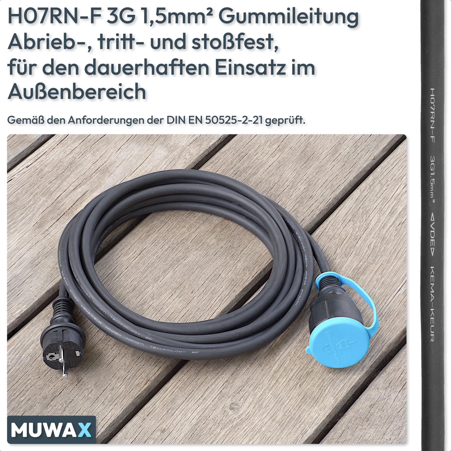 15m Gummi-Verlängerungskabel H07RN-F 3G1,5mm² für Garten, Baustelle, Werkstatt, Industrie, dauerhaften Einsatz im Außenbereich und Starke mechanische Beanspruchung, IP44, schwarz
