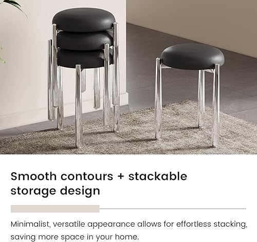 Miniatura 3 de Set of 4 Modern Black Stackable Chairs, PU Leather Padded Seat with Sturdy Metal Legs, Space-Saving Comfortable Reception Stools for Office,