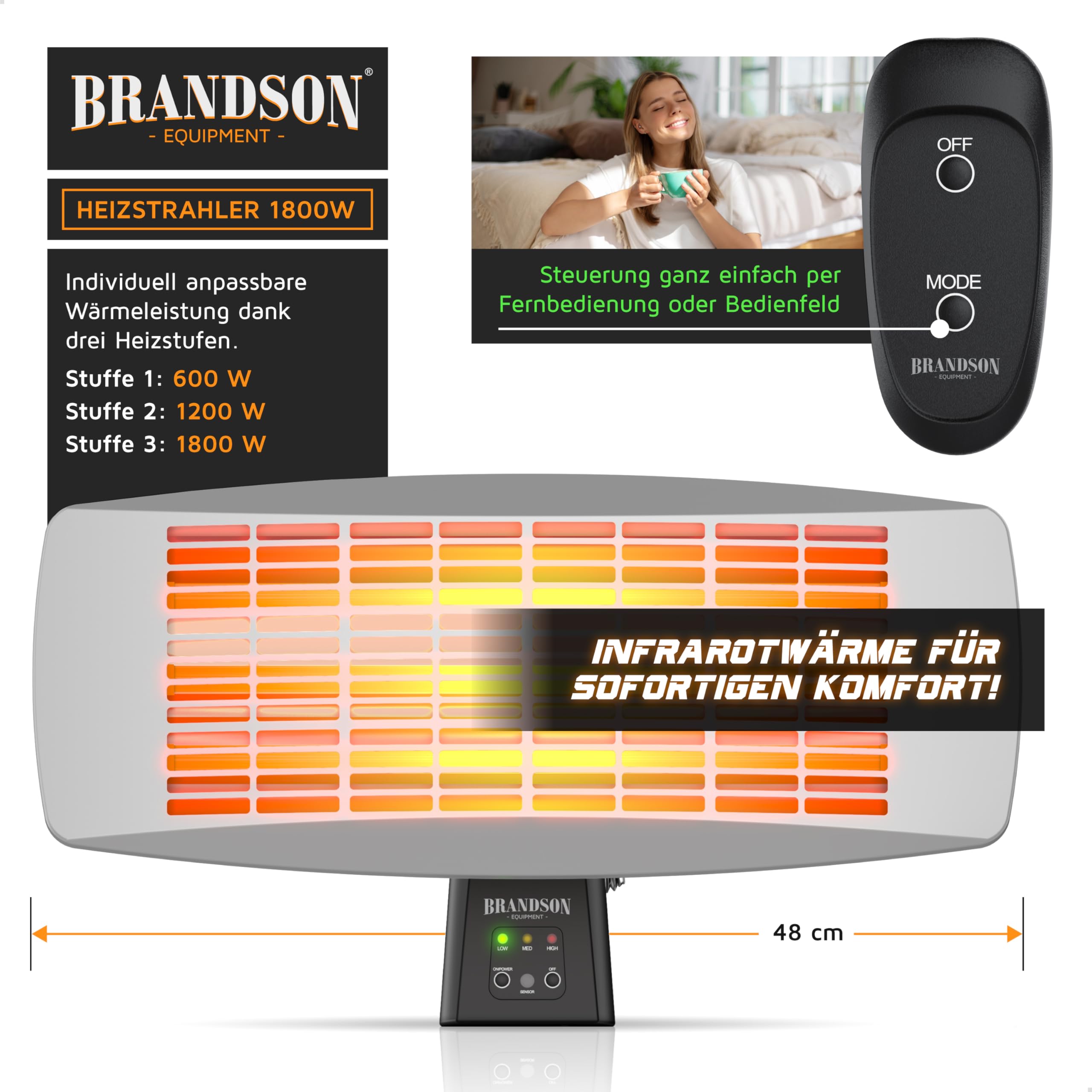 Brandson - Infrarot Wickeltischstrahler - Wickeltisch Heizstrahler Baby mit Fernbedienung - 1800 Watt - 3 Leistungsstufen Heizelemente - LED Power-Indikator – inkl. Wandhalterung – schwenkbar