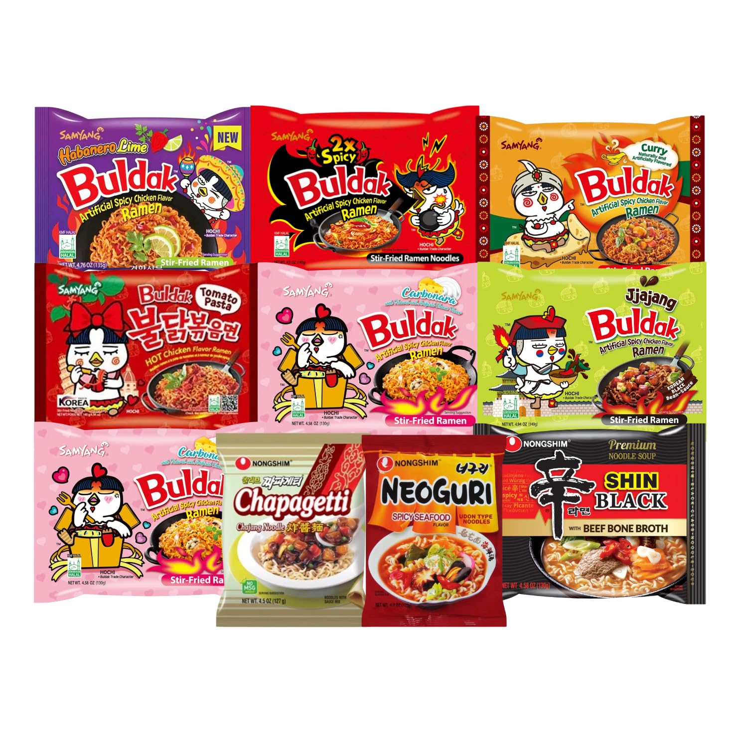 Samyang Buldak Hot Spicy Chicken Ramen Noodle Korean Stir-Fried Ramen, Carbonara x2, 2X Spicy, Habanero Lime, Curry, Jjajang, Tomato Pasta, Shin Black, Jjapagetti, Neoguri (10, Carbonara, 2X Spicy, Habanero Lime, Curry, Jjajang, Tomato Pasta, Shin Black, Jjapagetti)