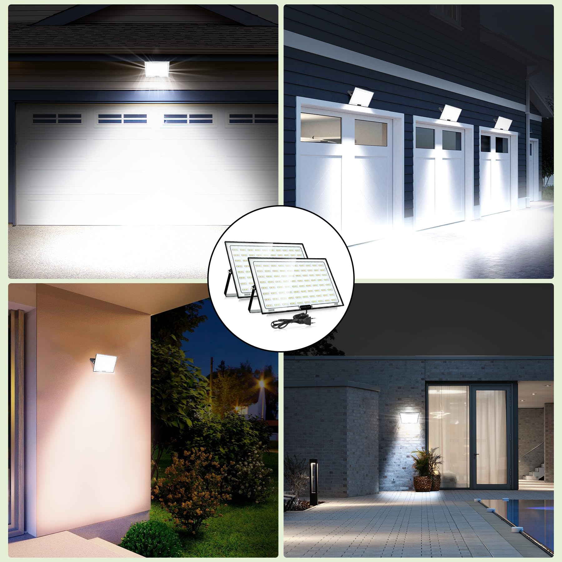 VAYALT 200 W Faretto LED per esterni, 2 pezzi, IP66, impermeabile e super luminoso, 6500 – 7000 K, 20000 lm, 230 V, faretto a LED con spina, faretto per giardino, garage, campo sportivo, cortile
