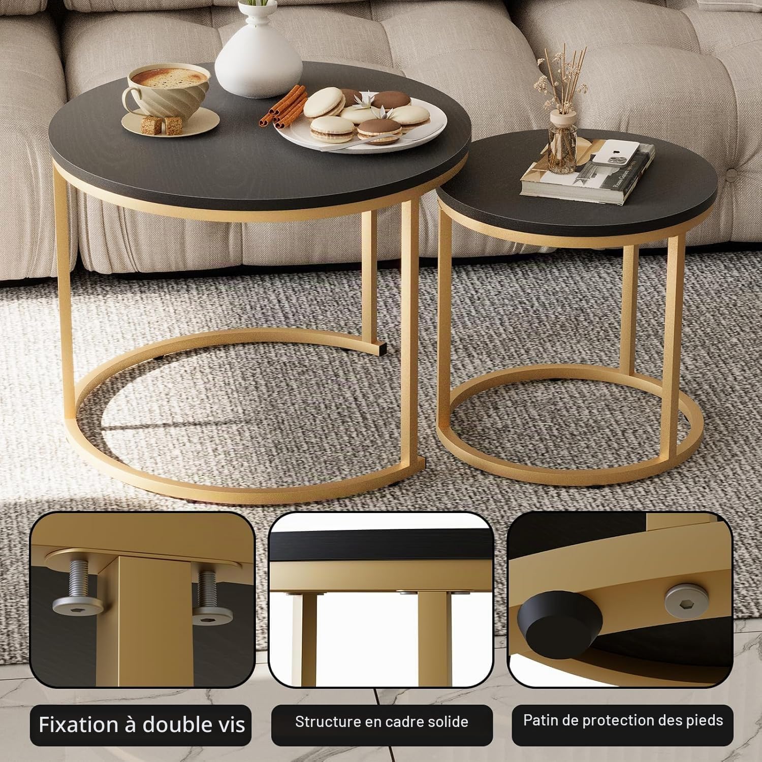 Huhote Lot de 2 tables basses rondes, tables d'appoint, tables gigognes, tables d'appoint avec cadre en métal pour salon, chambre, balcon, bureau, appartement, diamètre 60 cm (cadre doré, dessus noir)