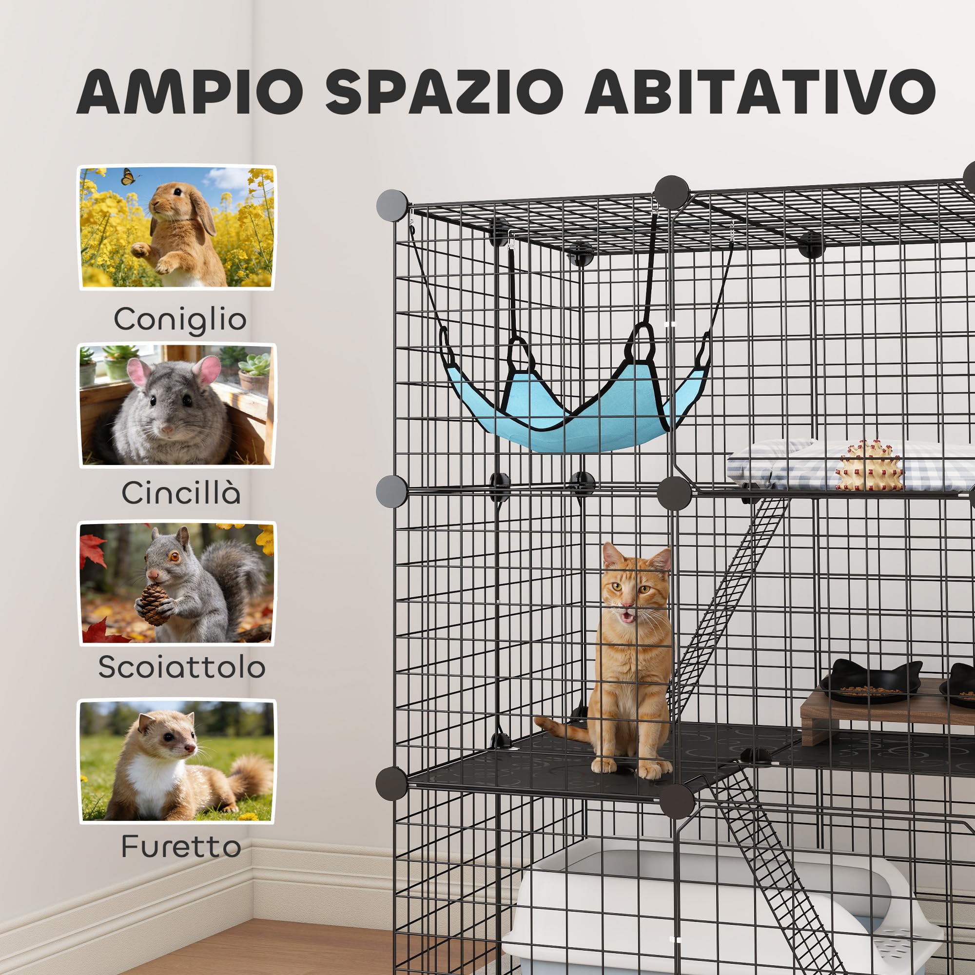 PawHut Jaula para Gatos de 3 Niveles con Hamaca, Plataforma y escaleras, Jaula para Mascotas de Acero y PP, 70 x 70 x 105 cm, Negro y Azul