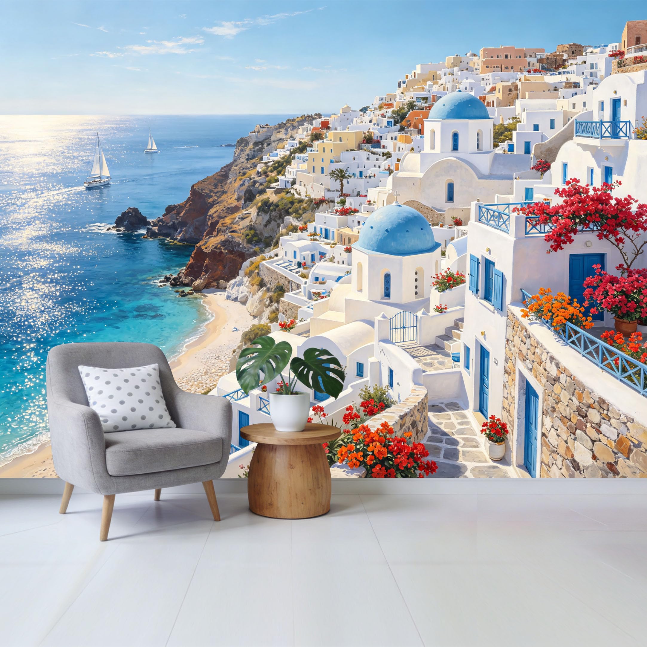 Custom Size Wall Mural Coastal Mediterranean Blue Dome Architecture Sea View Landscape Removable Self Adhesive Fabric Home Wall Decor for Living Room Bedroom Bathroom