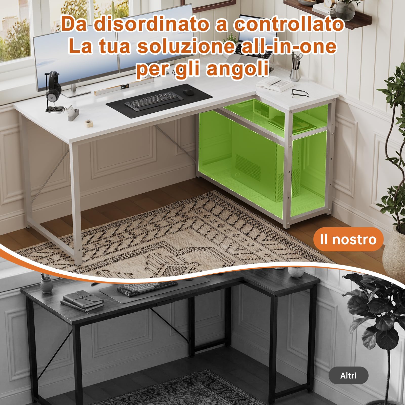 JUMMICO Scrivania Angolare a L 100x80 cm per Computer con Ripiani e Divisori - Compatta per Studio, Lavoro e Gaming, Ideale per Camera da Letto e Ufficio - Design Moderno e Salvaspazio