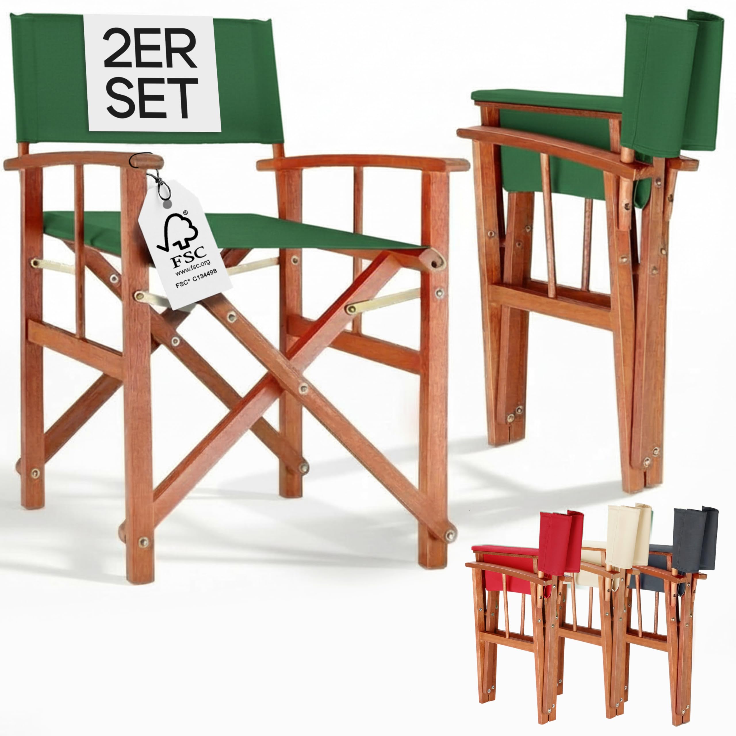 Casaria® Regiestuhl 2er Set aus FSC® Eukalyptusholz - Klappbarer Gartenstuhl mit Armlehnen, waschbarem Bezug & 46 cm Sitzhöhe, bis 160 kg belastbar - Holzstuhl für Balkon, Terrasse & Camping
