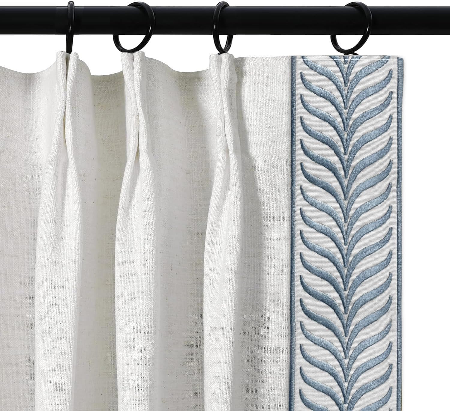 Pinch Pleated Drapes with Blue Embroidered Trim Faux Linen Pinch Pleat Lined Curtains for Sliding Glass Door, 50W x 108L, Beige White V2, 2 Panels