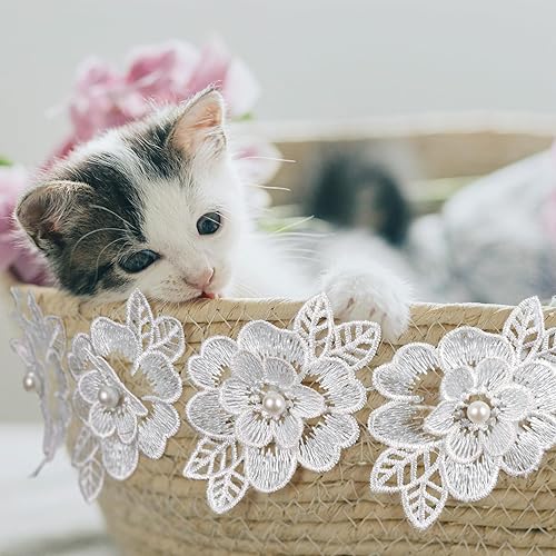 Miniatura 5 de Joez Wonderful 2 yardas de encaje de flores, 3D bordado de perlas de poliéster, cinta de tela de encaje de flores para manualidades, manualidades,